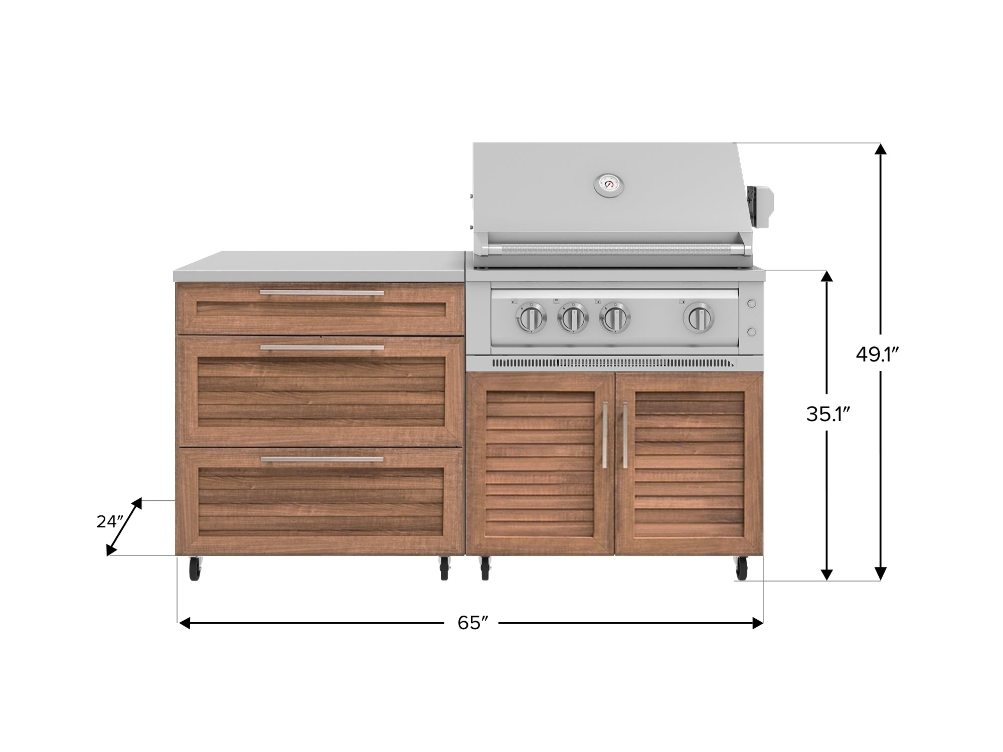 Outdoor Kitchen Louvered Stainless Steel 4 Piece Cabinet set with Casters and 3 Drawer, Grill Cabinet, Platinum Grill, Countertop