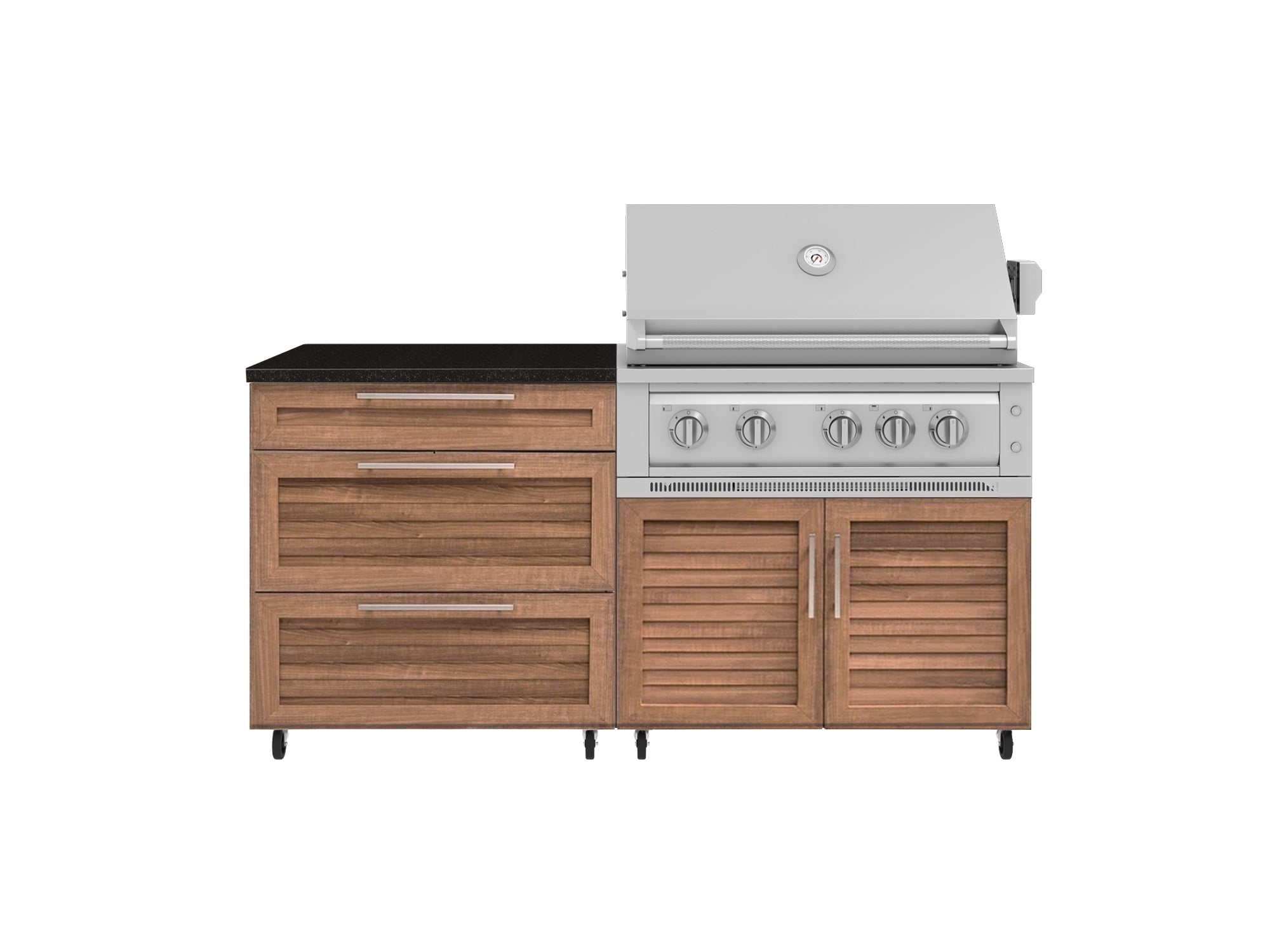 Outdoor Kitchen Louvered Stainless Steel 4 Piece Cabinet set with Casters and 3 Drawer, Grill Cabinet, Platinum Grill, Countertop