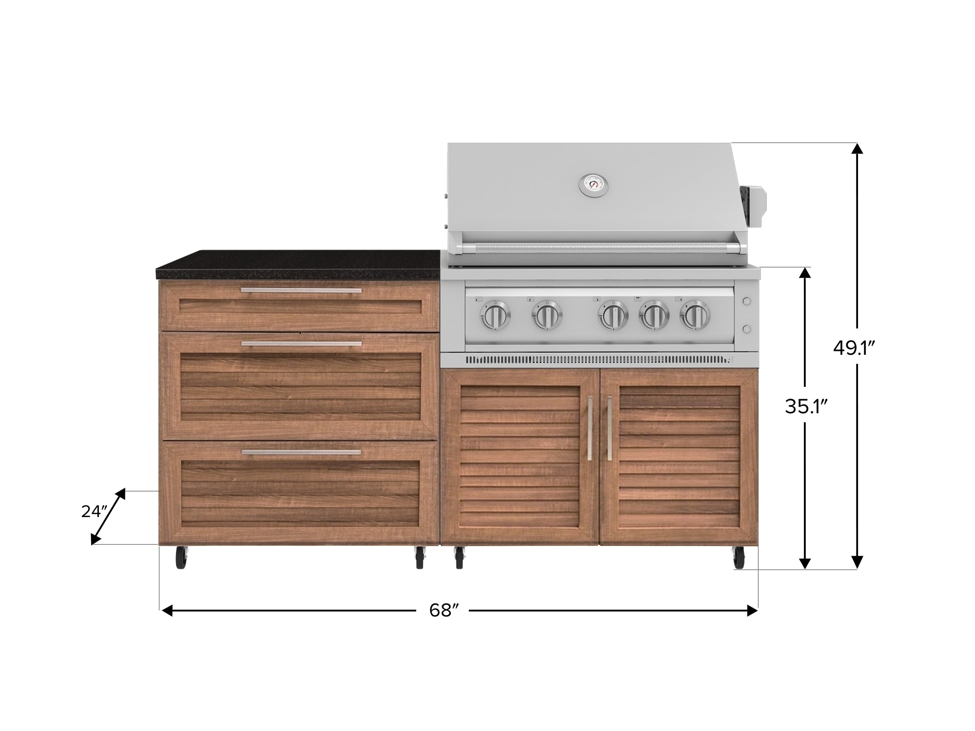 Outdoor Kitchen Louvered Stainless Steel 4 Piece Cabinet set with Casters and 3 Drawer, Grill Cabinet, Platinum Grill, Countertop