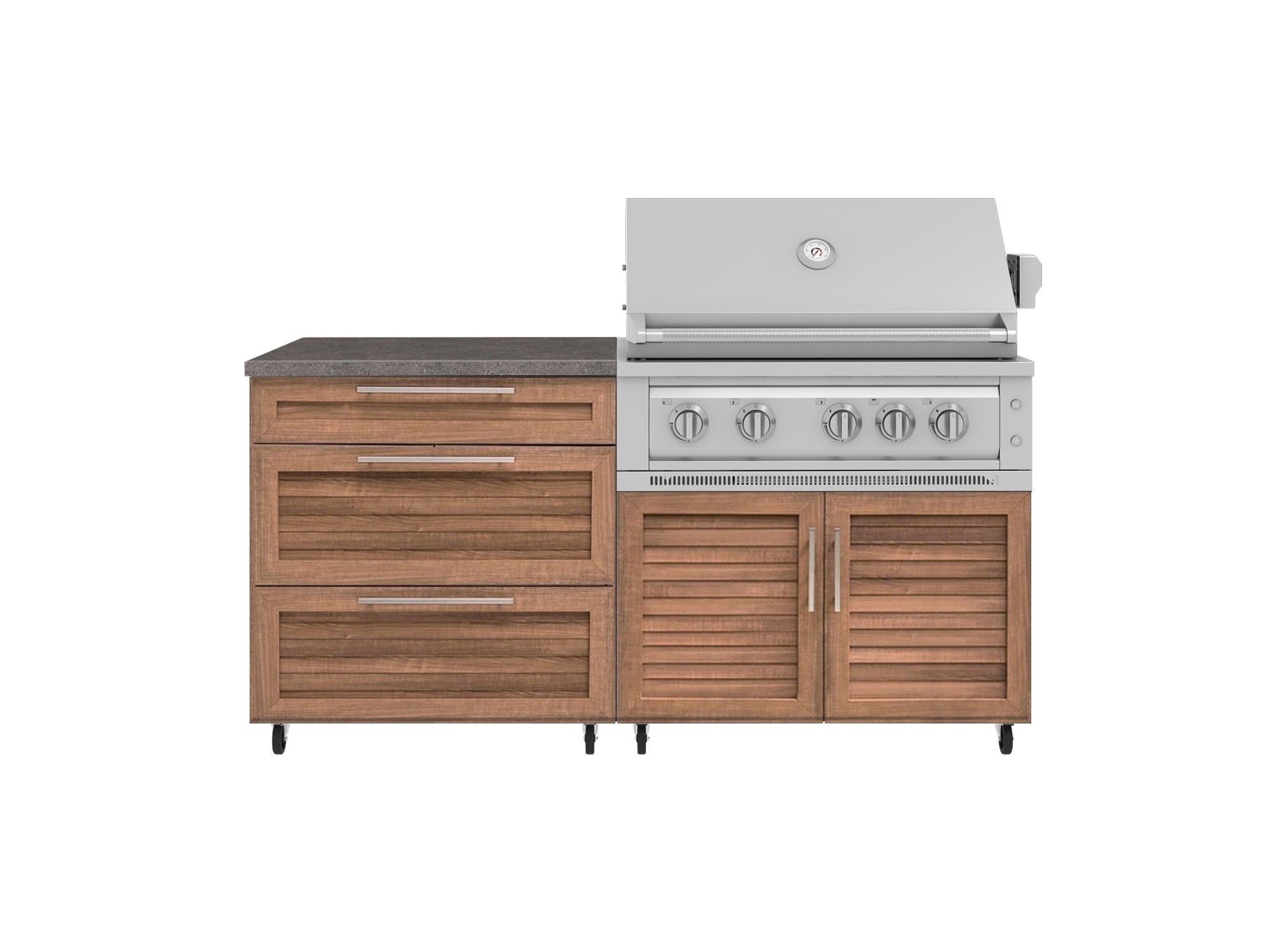 Outdoor Kitchen Louvered Stainless Steel 4 Piece Cabinet set with Casters and 3 Drawer, Grill Cabinet, Platinum Grill, Countertop