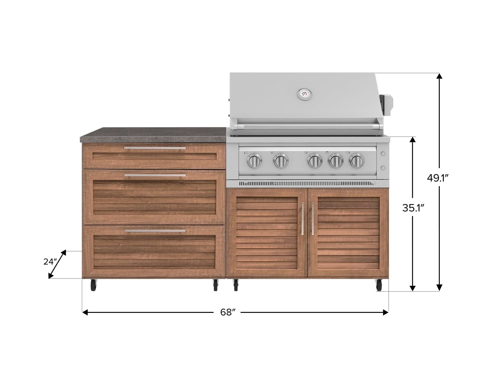 Outdoor Kitchen Louvered Stainless Steel 4 Piece Cabinet set with Casters and 3 Drawer, Grill Cabinet, Platinum Grill, Countertop