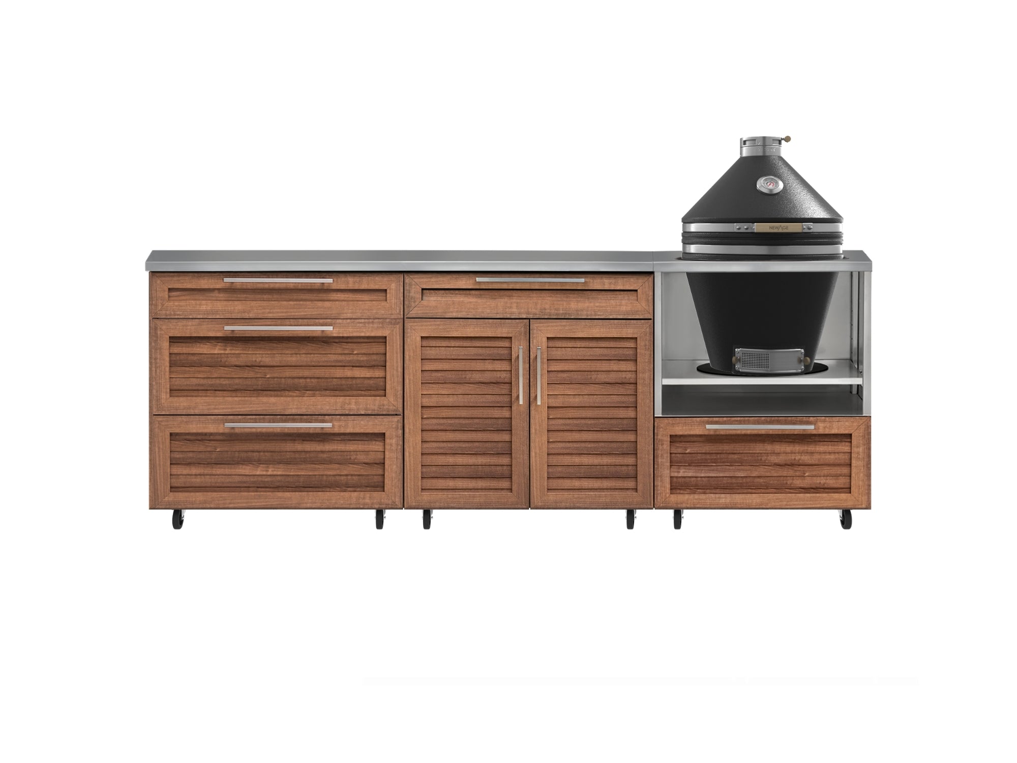 Outdoor Kitchen Louvered Stainless Steel 5 Piece Cabinet Set With Casters and 3 Drawer, Bar, Kamado, Kamado Cabinet, Countertop