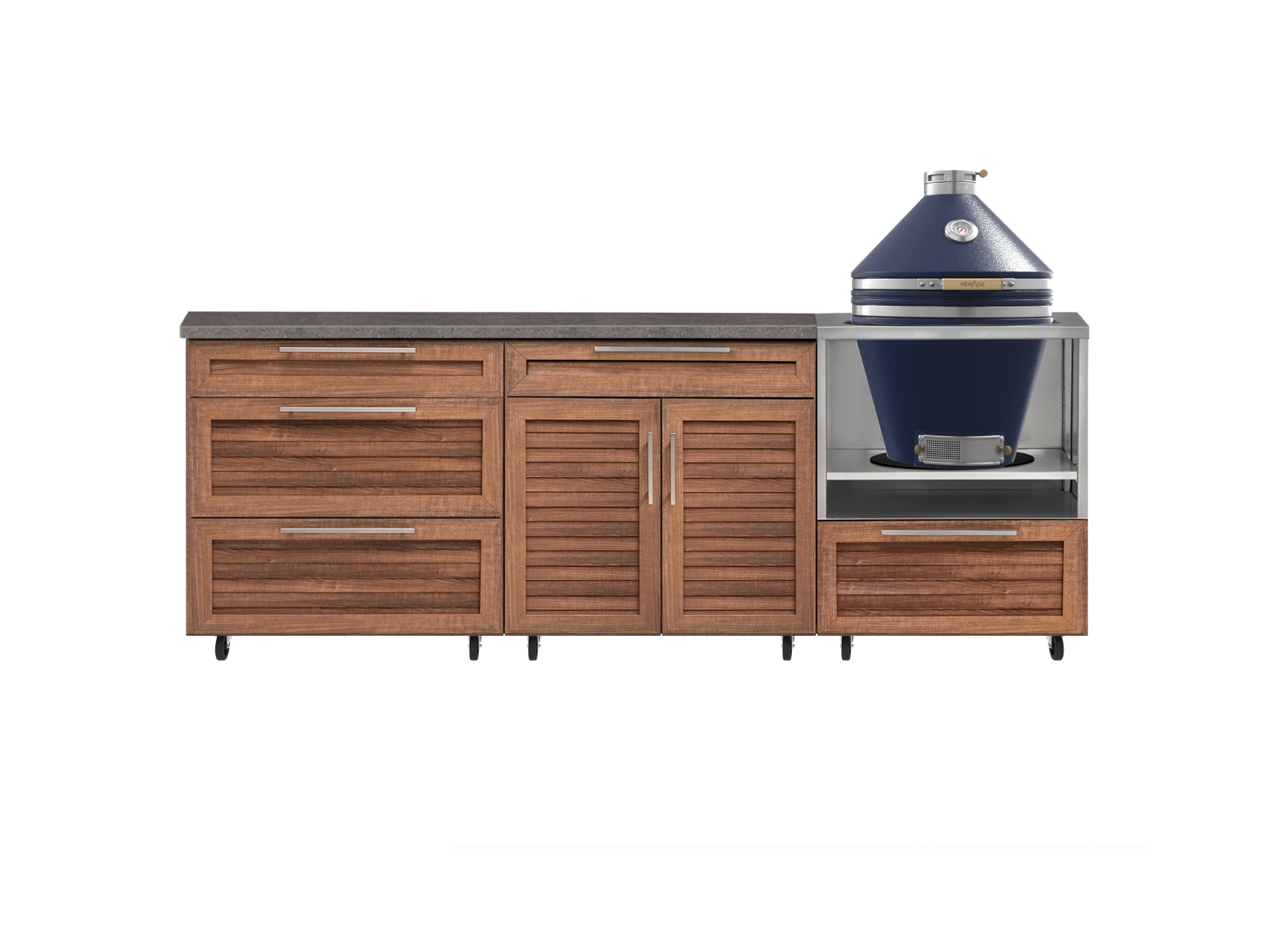 Outdoor Kitchen Louvered Stainless Steel 5 Piece Cabinet Set With Casters and 3 Drawer, Bar, Kamado, Kamado Cabinet, Countertop