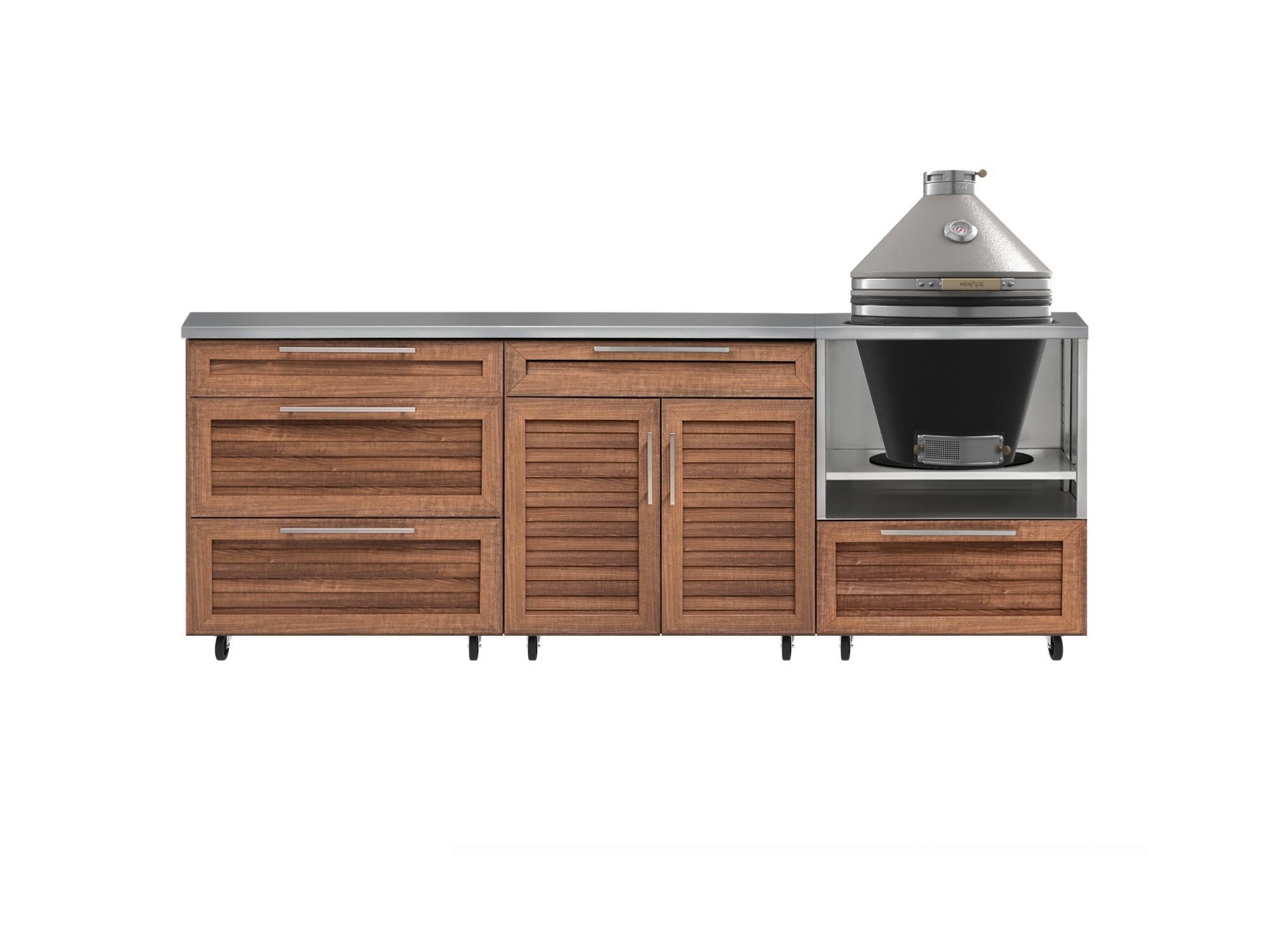 Outdoor Kitchen Louvered Stainless Steel 5 Piece Cabinet Set With Casters and 3 Drawer, Bar, Kamado, Kamado Cabinet, Countertop