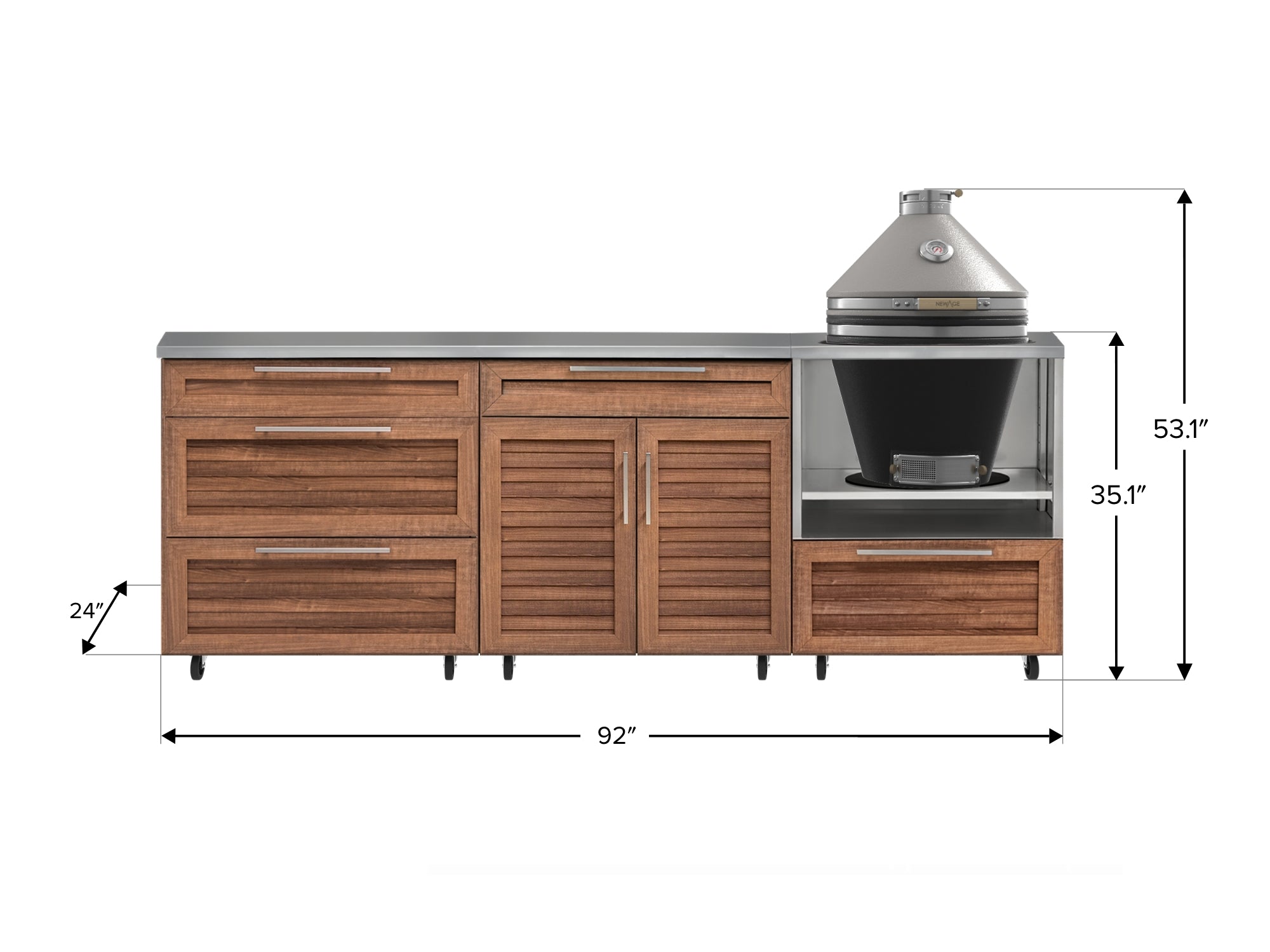 Outdoor Kitchen Louvered Stainless Steel 5 Piece Cabinet Set With Casters and 3 Drawer, Bar, Kamado, Kamado Cabinet, Countertop