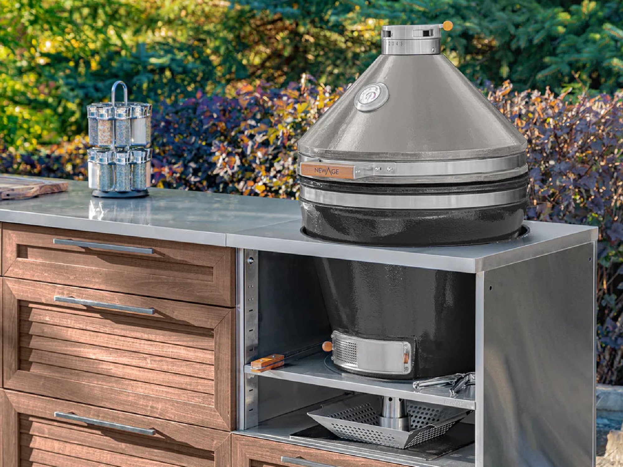 Outdoor Kitchen Louvered Stainless Steel 5 Piece Cabinet Set With Casters and 3 Drawer, Bar, Kamado, Kamado Cabinet, Countertop