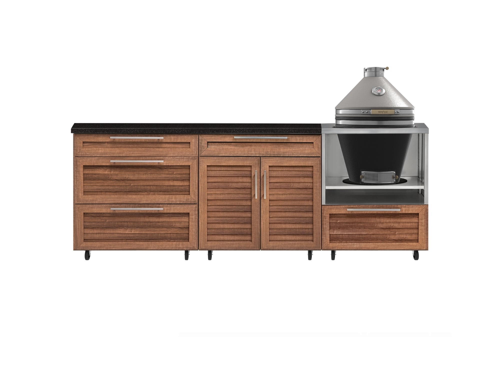 Outdoor Kitchen Louvered Stainless Steel 5 Piece Cabinet Set With Casters and 3 Drawer, Bar, Kamado, Kamado Cabinet, Countertop