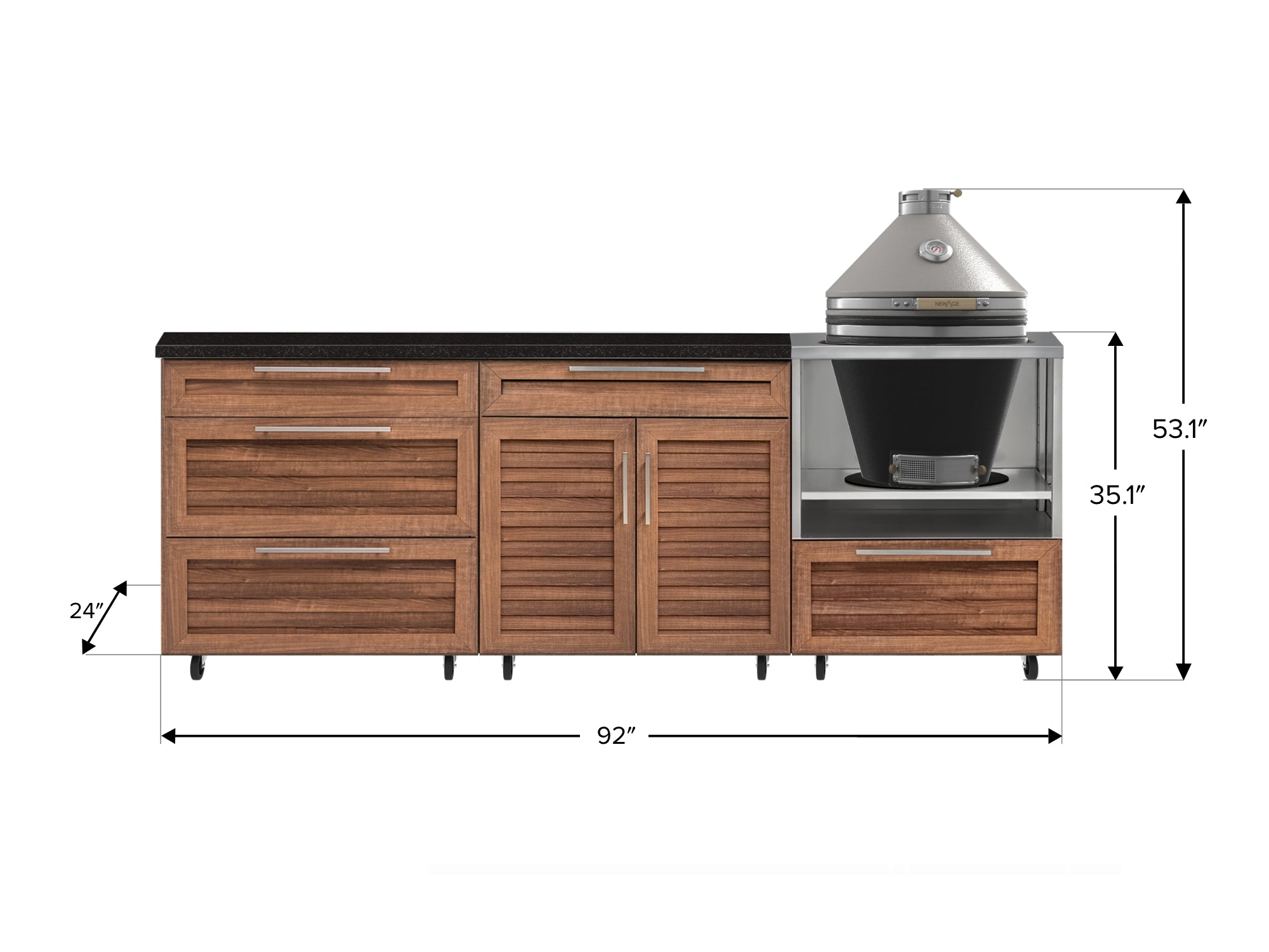 Outdoor Kitchen Louvered Stainless Steel 5 Piece Cabinet Set With Casters and 3 Drawer, Bar, Kamado, Kamado Cabinet, Countertop
