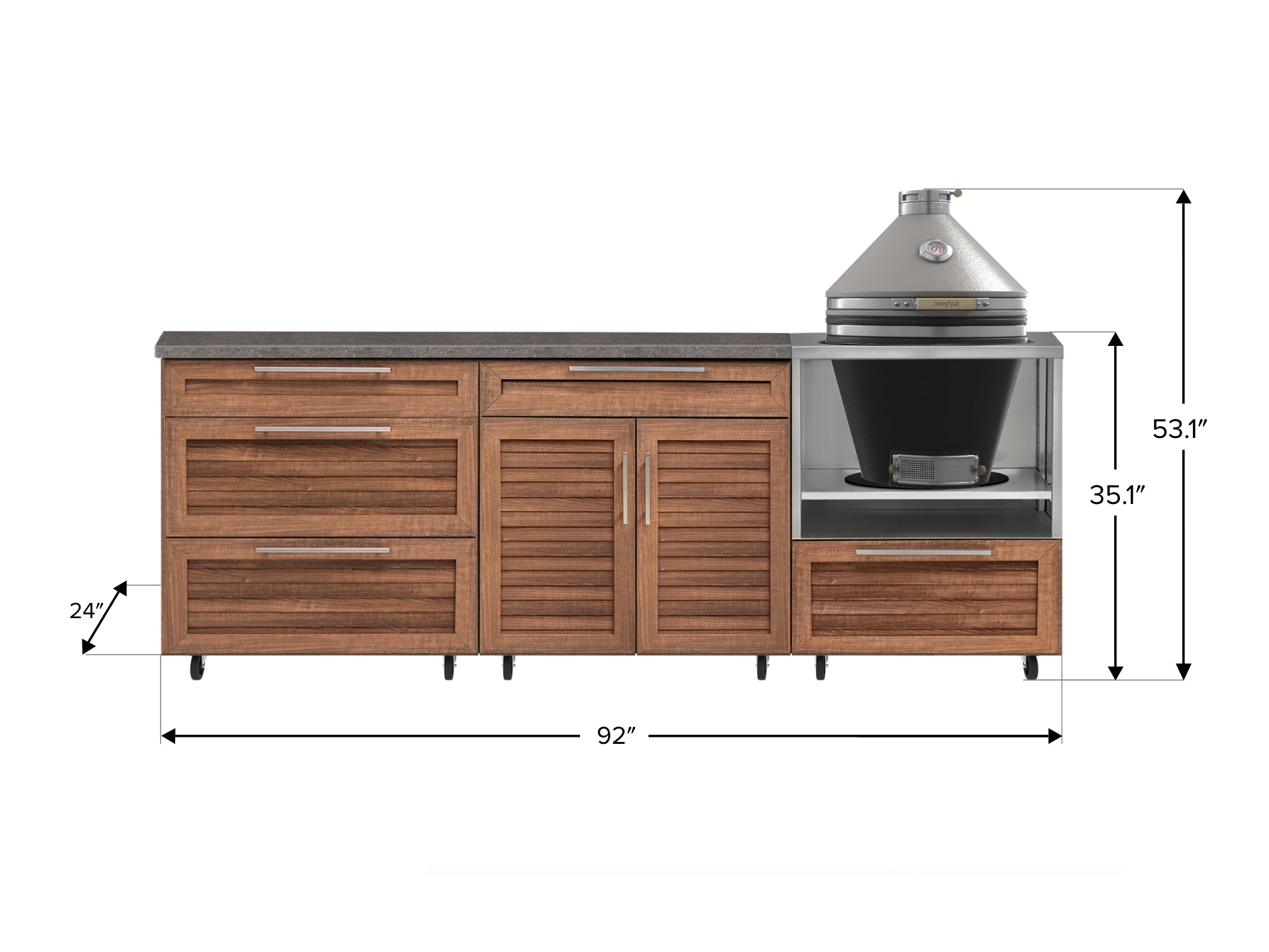 Outdoor Kitchen Louvered Stainless Steel 5 Piece Cabinet Set With Casters and 3 Drawer, Bar, Kamado, Kamado Cabinet, Countertop