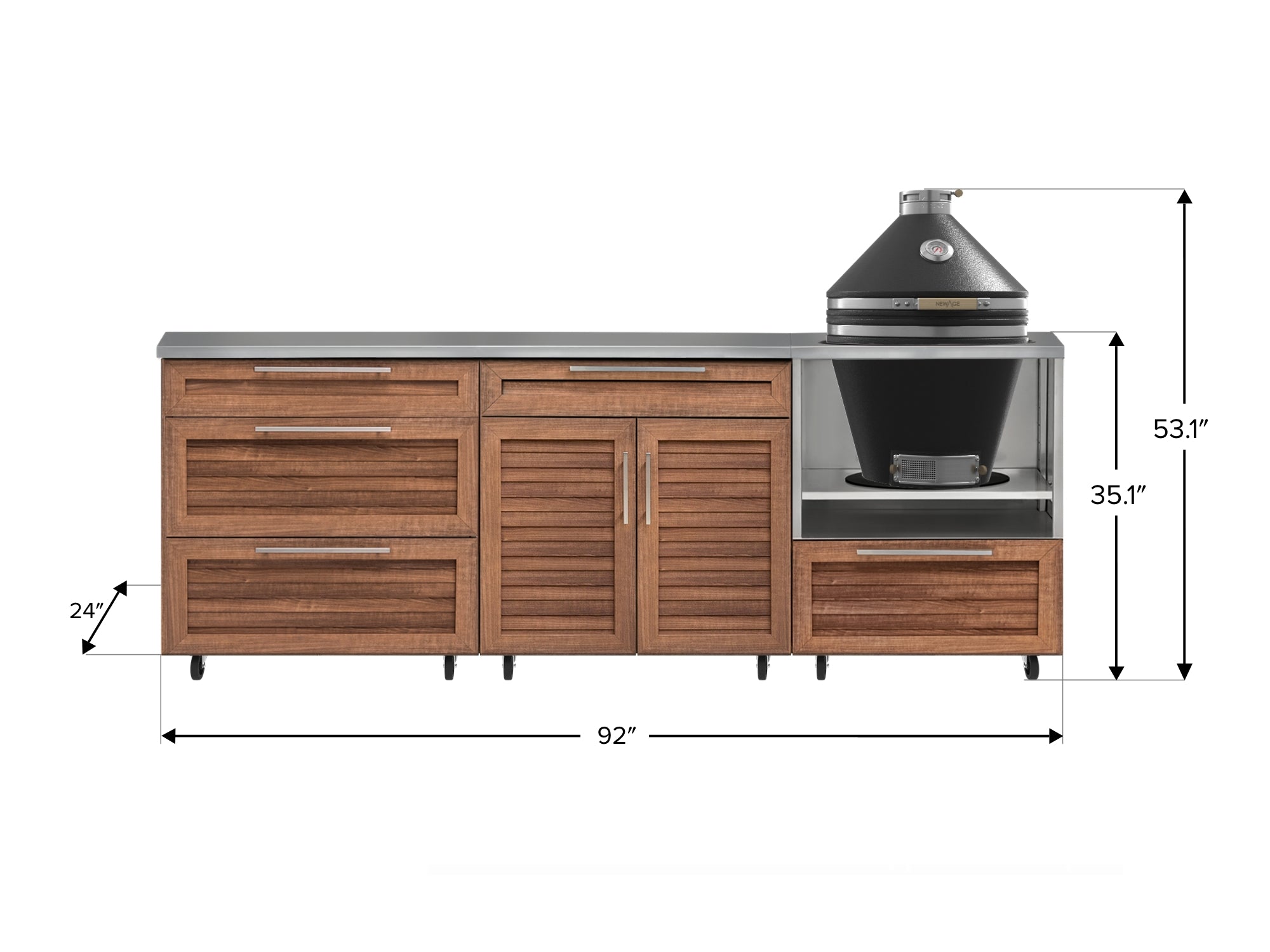 Outdoor Kitchen Louvered Stainless Steel 5 Piece Cabinet Set With Casters and 3 Drawer, Bar, Kamado, Kamado Cabinet, Countertop
