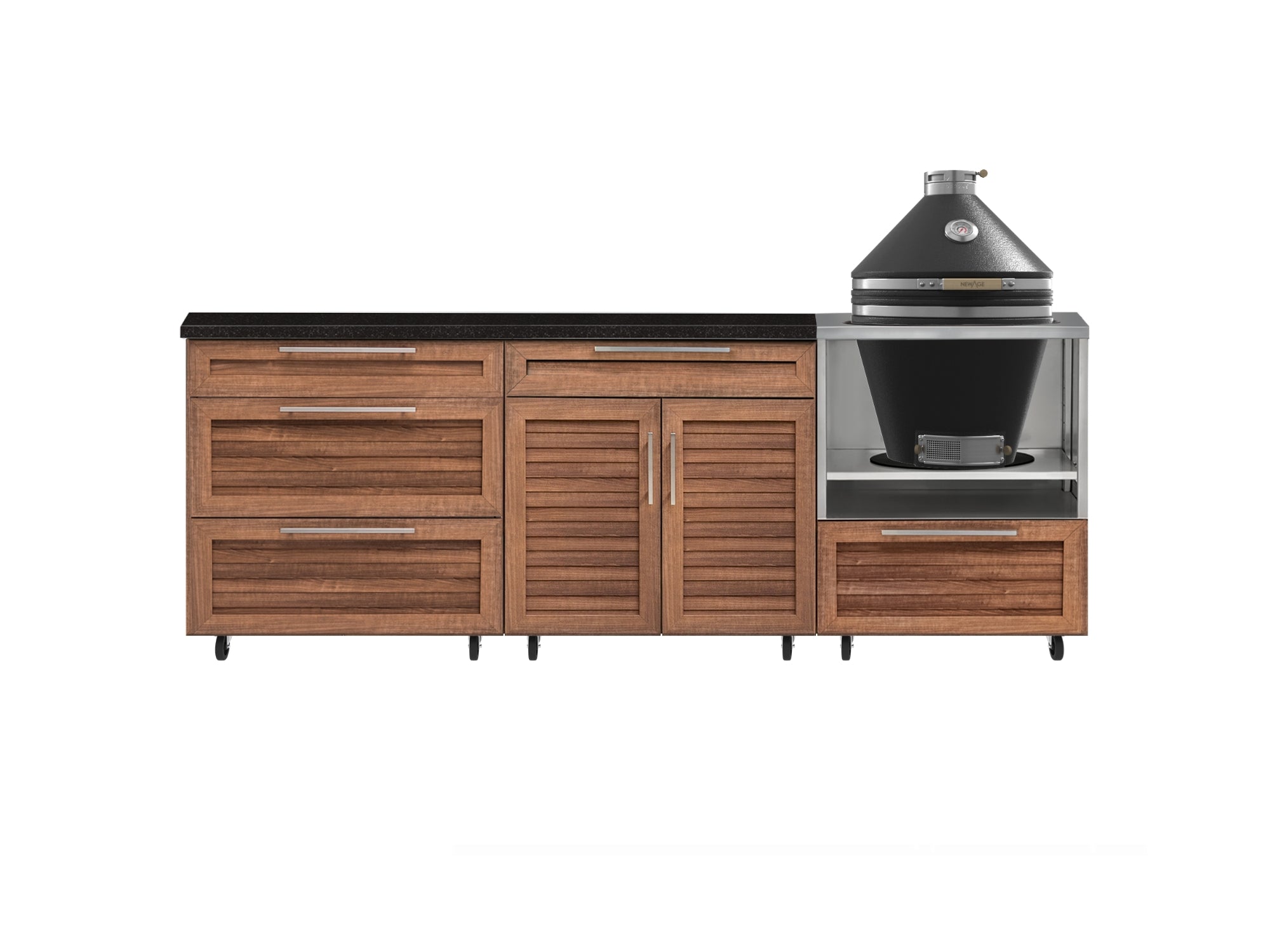 Outdoor Kitchen Louvered Stainless Steel 5 Piece Cabinet Set With Casters and 3 Drawer, Bar, Kamado, Kamado Cabinet, Countertop