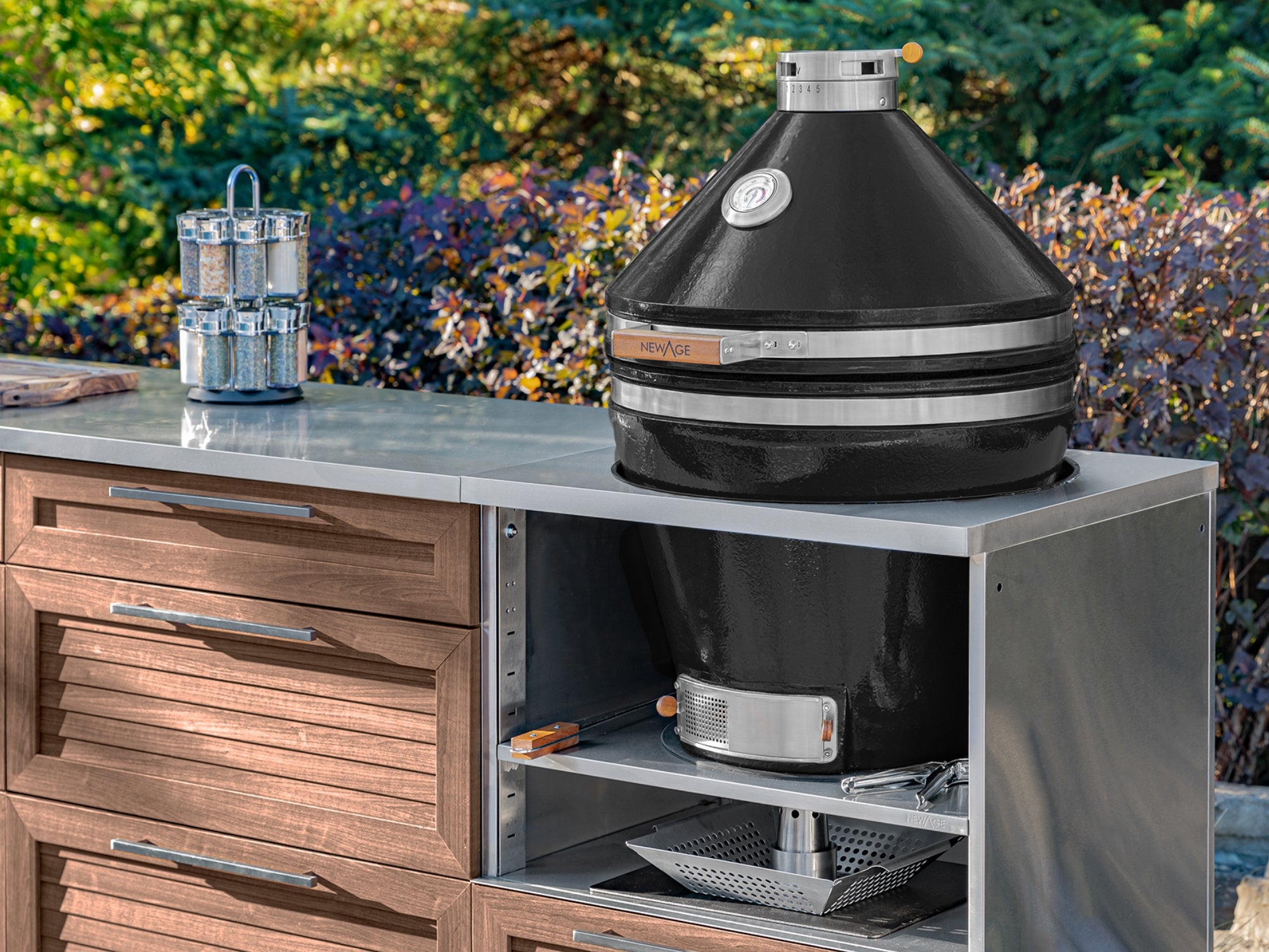 Outdoor Kitchen Louvered Stainless Steel 5 Piece Cabinet Set With Casters and 3 Drawer, Bar, Kamado, Kamado Cabinet, Countertop