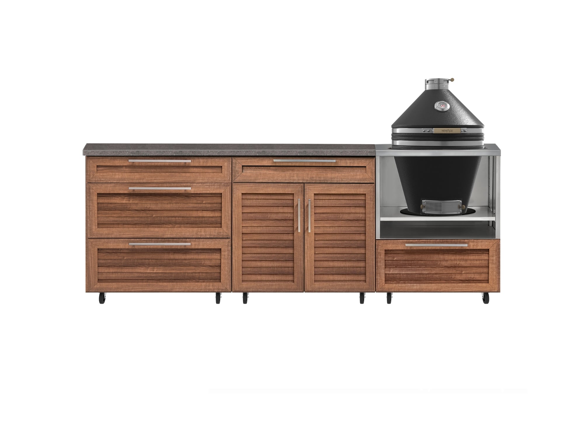 Outdoor Kitchen Louvered Stainless Steel 5 Piece Cabinet Set With Casters and 3 Drawer, Bar, Kamado, Kamado Cabinet, Countertop
