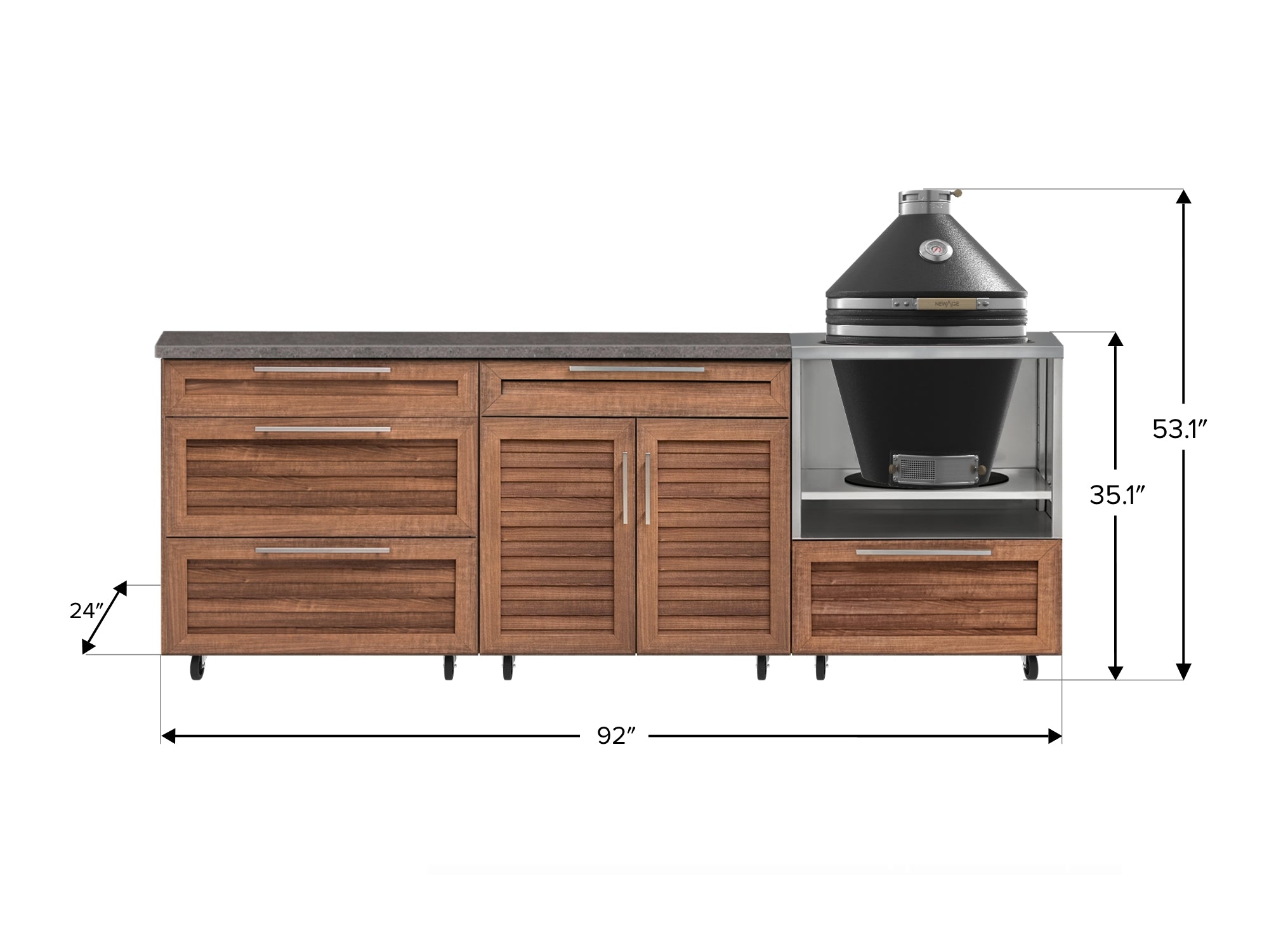 Outdoor Kitchen Louvered Stainless Steel 5 Piece Cabinet Set With Casters and 3 Drawer, Bar, Kamado, Kamado Cabinet, Countertop