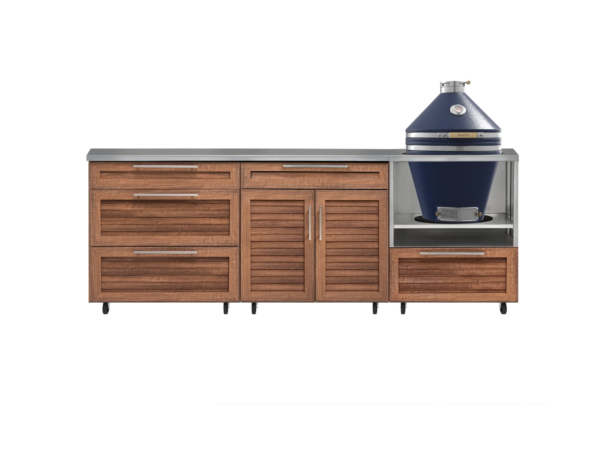 Outdoor Kitchen Louvered Stainless Steel 5 Piece Cabinet Set With Casters and 3 Drawer, Bar, Kamado, Kamado Cabinet, Countertop