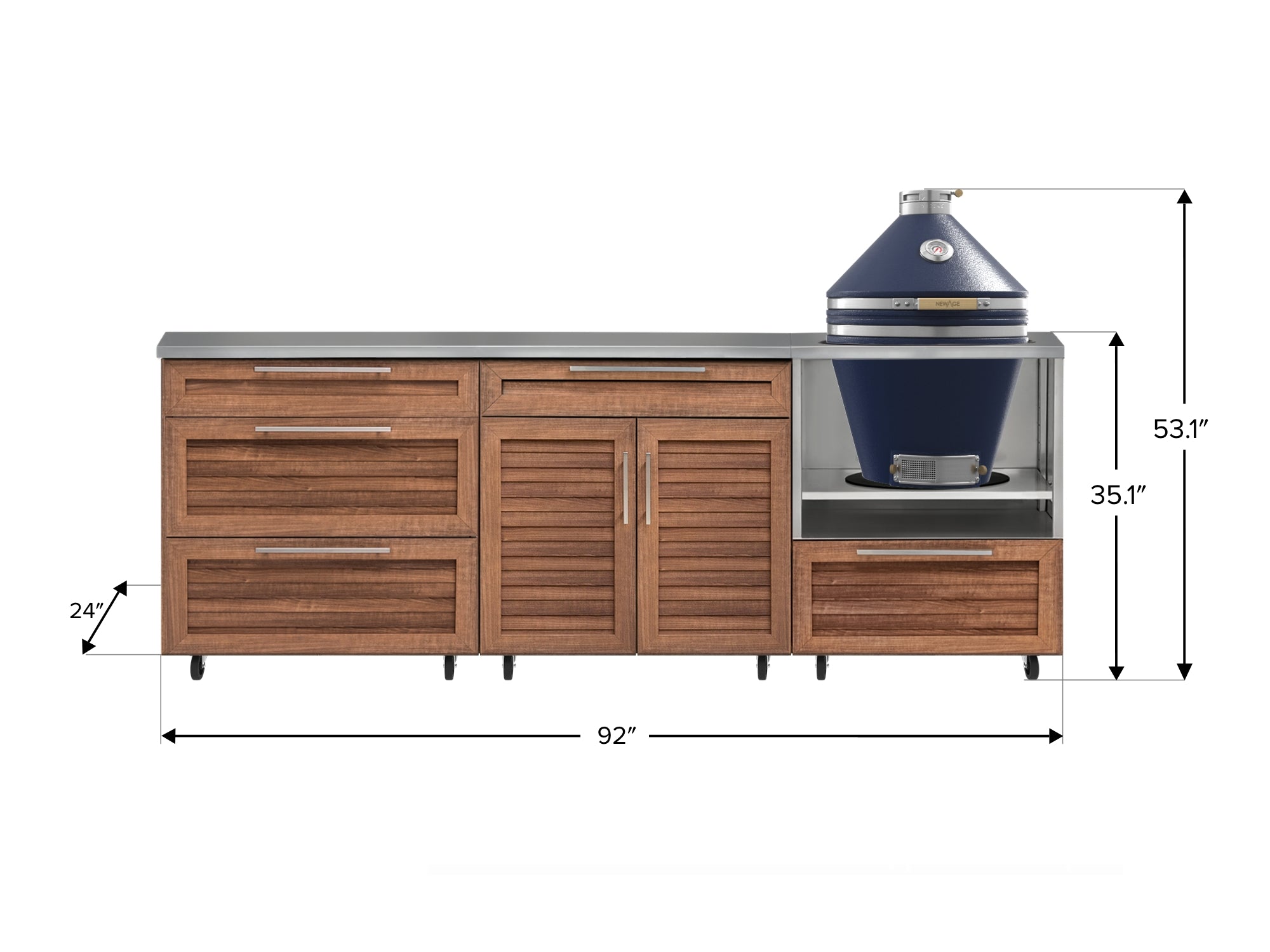 Outdoor Kitchen Louvered Stainless Steel 5 Piece Cabinet Set With Casters and 3 Drawer, Bar, Kamado, Kamado Cabinet, Countertop