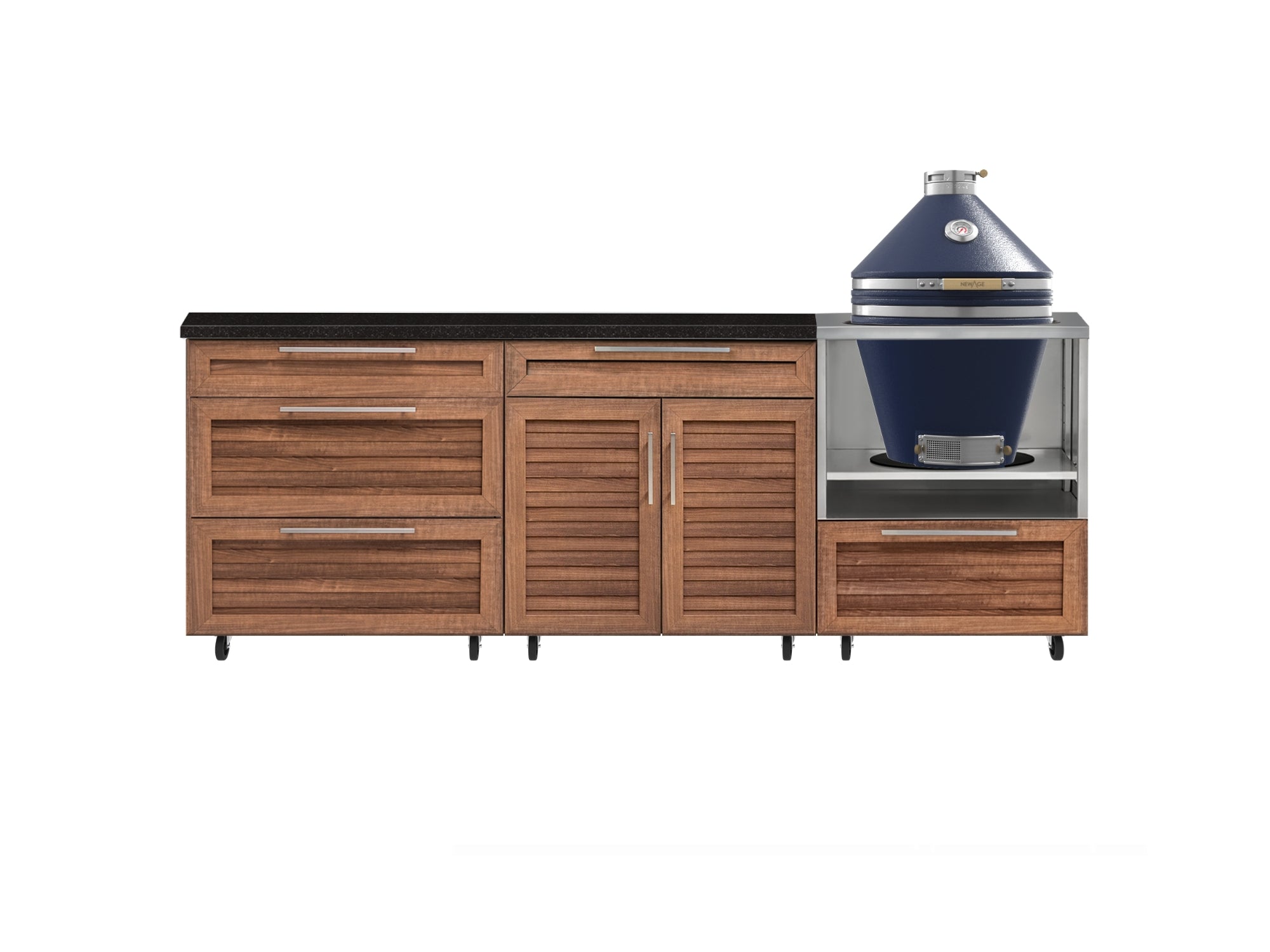Outdoor Kitchen Louvered Stainless Steel 5 Piece Cabinet Set With Casters and 3 Drawer, Bar, Kamado, Kamado Cabinet, Countertop