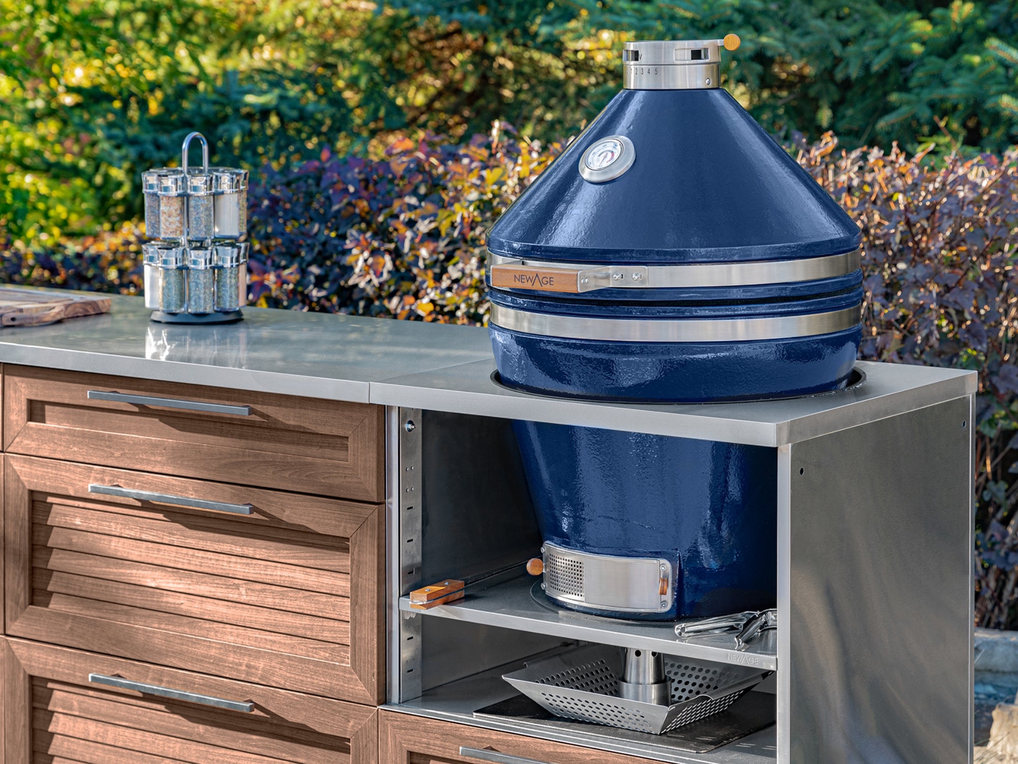 Outdoor Kitchen Louvered Stainless Steel 5 Piece Cabinet Set With Casters and 3 Drawer, Bar, Kamado, Kamado Cabinet, Countertop