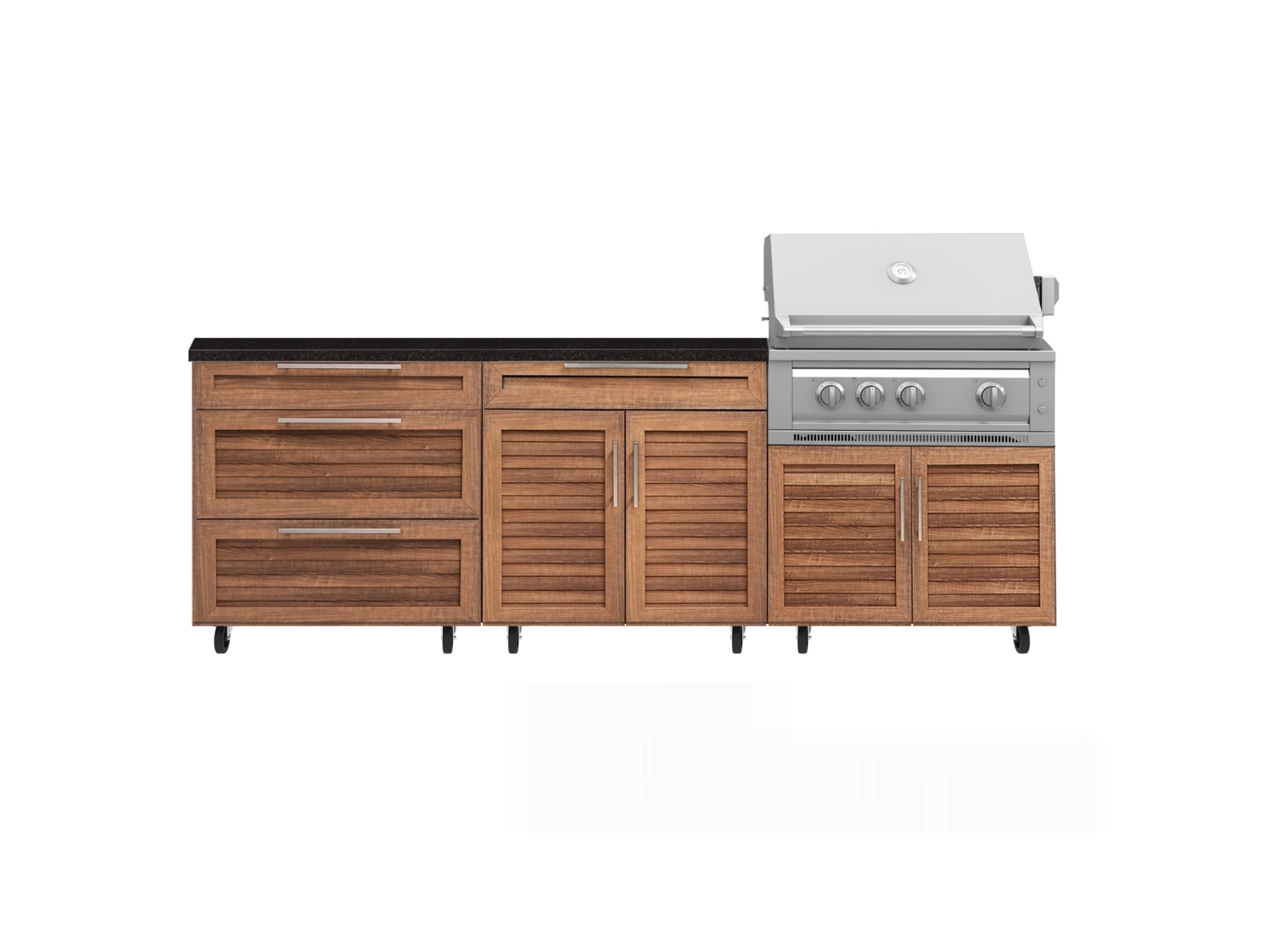 Outdoor Kitchen Louvered Stainless Steel 5 Piece Cabinet Set with Casters and 3 Drawer, Bar, Grill Cabinet, Platinum Grill, Countertop