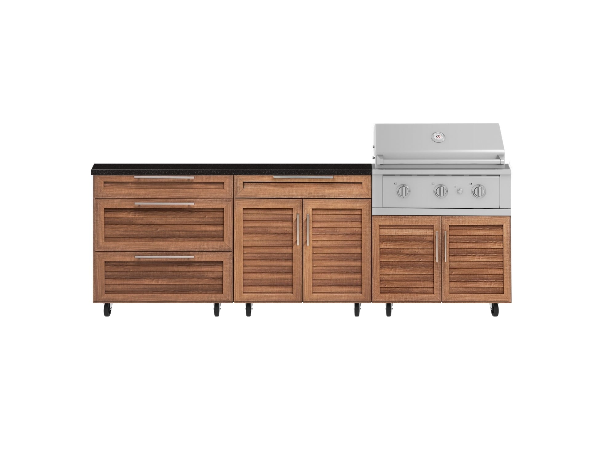 Outdoor Kitchen Louvered Stainless Steel 5 Piece Cabinet Set with Casters and 3 Drawer, Bar, Grill Cabinet, Performance Grill, Countertop