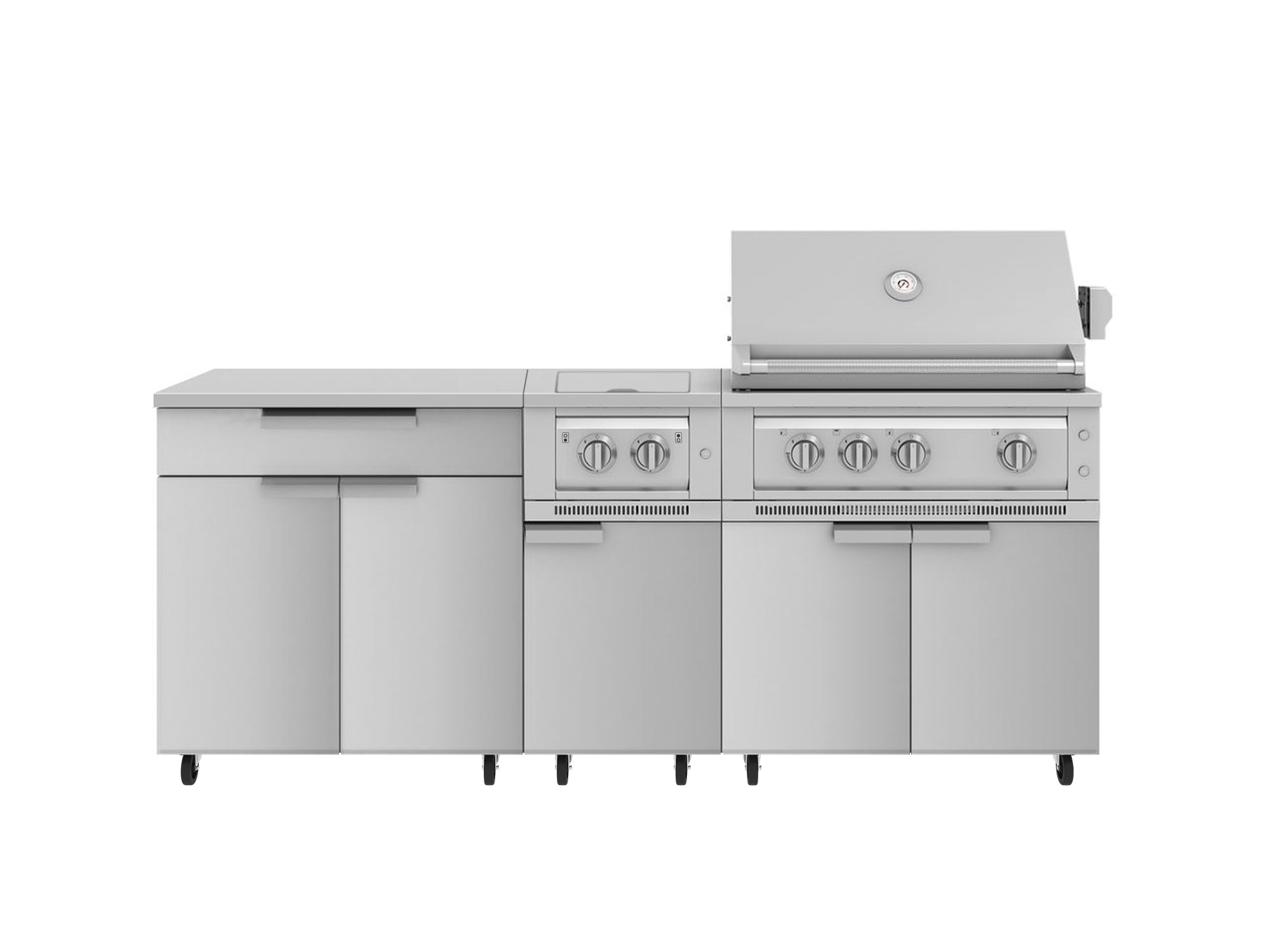 Outdoor Kitchen Stainless Steel 6 Piece Cabinet Set with Casters and Platinum Grill, Dual Side Burner, Bar, Grill Cabinet, Countertop