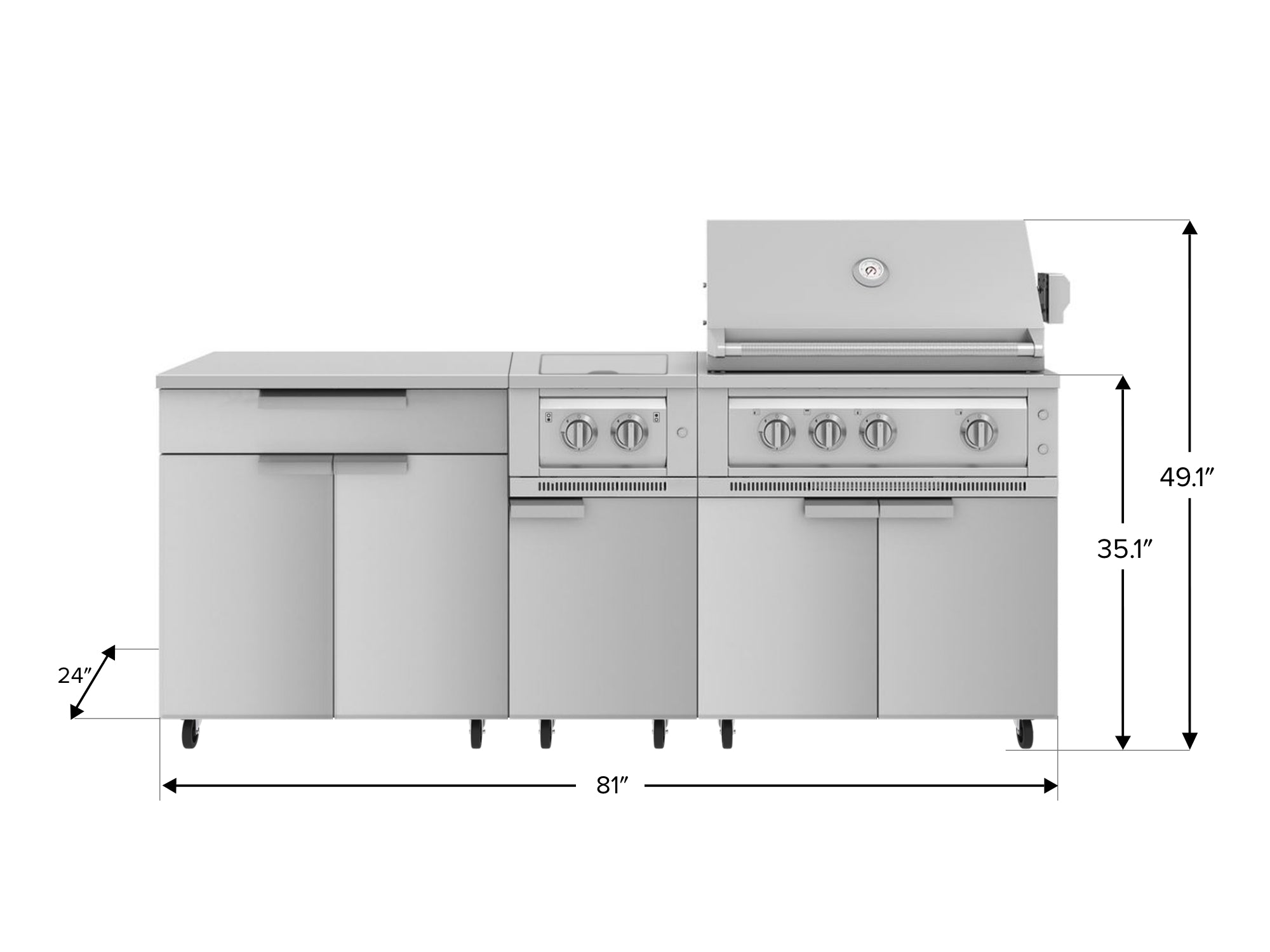 Outdoor Kitchen Stainless Steel 6 Piece Cabinet Set with Casters and Platinum Grill, Dual Side Burner, Bar, Grill Cabinet, Countertop