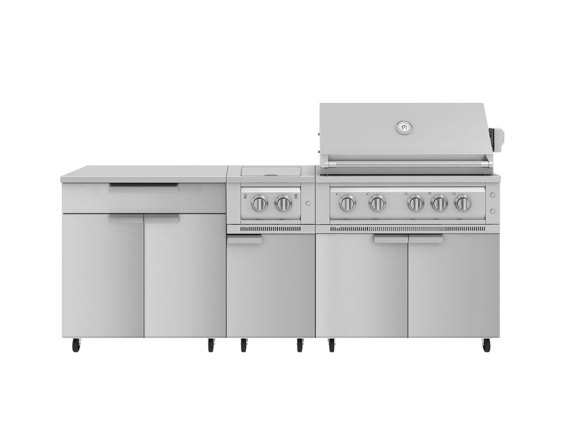 Outdoor Kitchen Stainless Steel 6 Piece Cabinet Set with Casters and Platinum Grill, Dual Side Burner, Bar, Grill Cabinet, Countertop