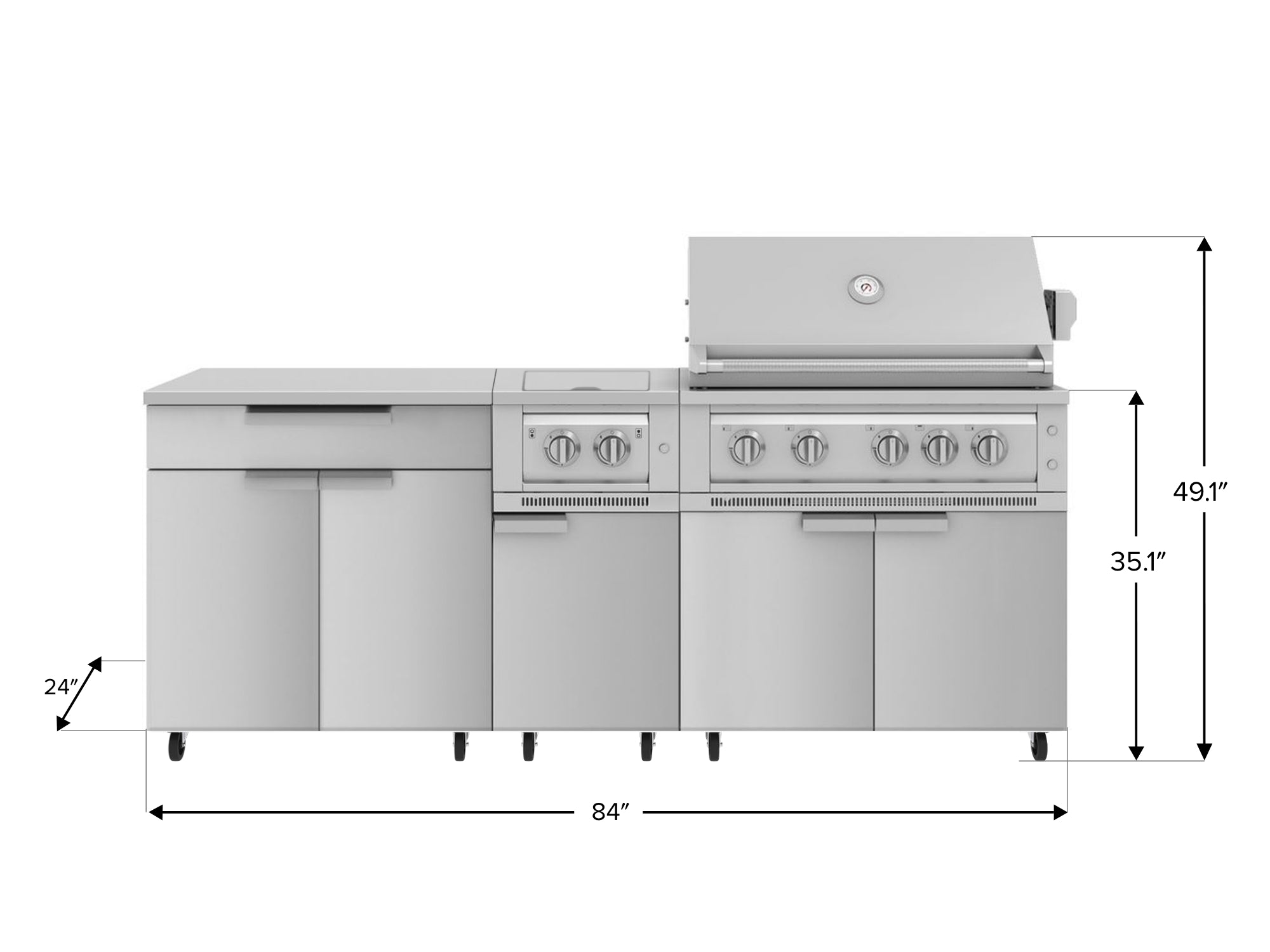 Outdoor Kitchen Stainless Steel 6 Piece Cabinet Set with Casters and Platinum Grill, Dual Side Burner, Bar, Grill Cabinet, Countertop