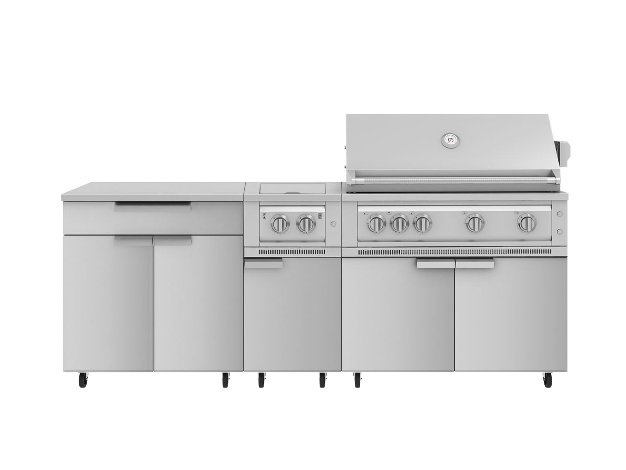 Outdoor Kitchen Stainless Steel 6 Piece Cabinet Set with Casters and Platinum Grill, Dual Side Burner, Bar, Grill Cabinet, Countertop