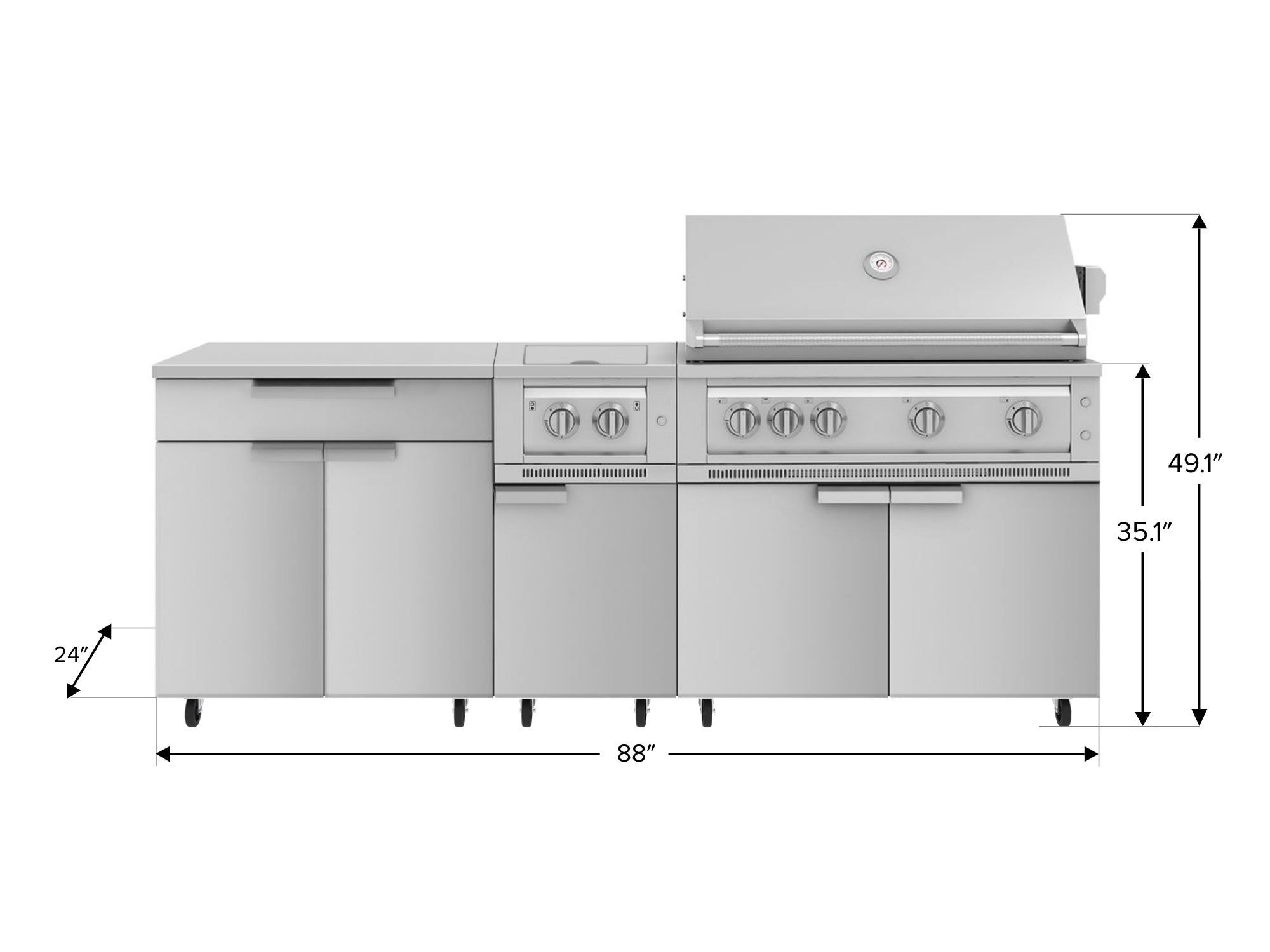 Outdoor Kitchen Stainless Steel 6 Piece Cabinet Set with Casters and Platinum Grill, Dual Side Burner, Bar, Grill Cabinet, Countertop