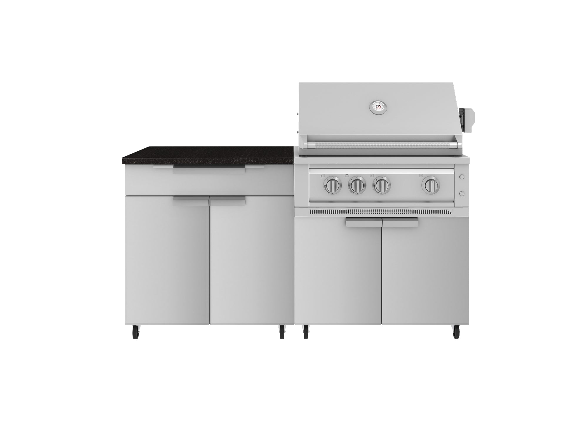 Outdoor Kitchen Stainless Steel 4 Piece Cabinet Set with Casters and Bar, Grill Cabinet, Performance Grill, and Countertop