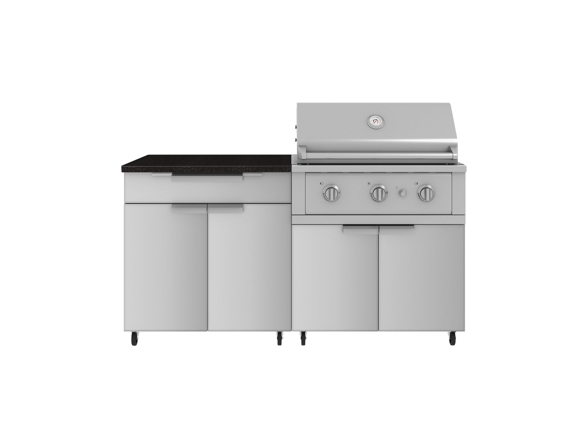 Outdoor Kitchen Stainless Steel 4 Piece Cabinet Set with Casters and Bar, Grill Cabinet, Platinum Grill, and Countertop
