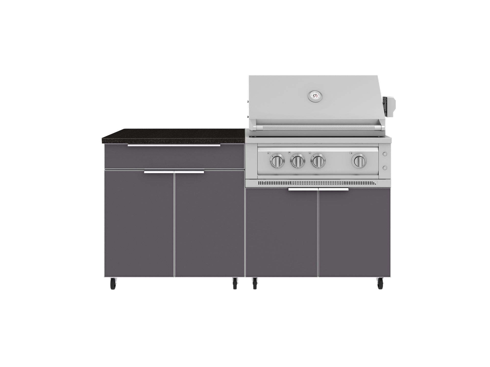 Outdoor Kitchen Aluminum 4 Piece Cabinet Set with Casters and Bar, Grill Cabinet, Platinum Grill, and Countertop