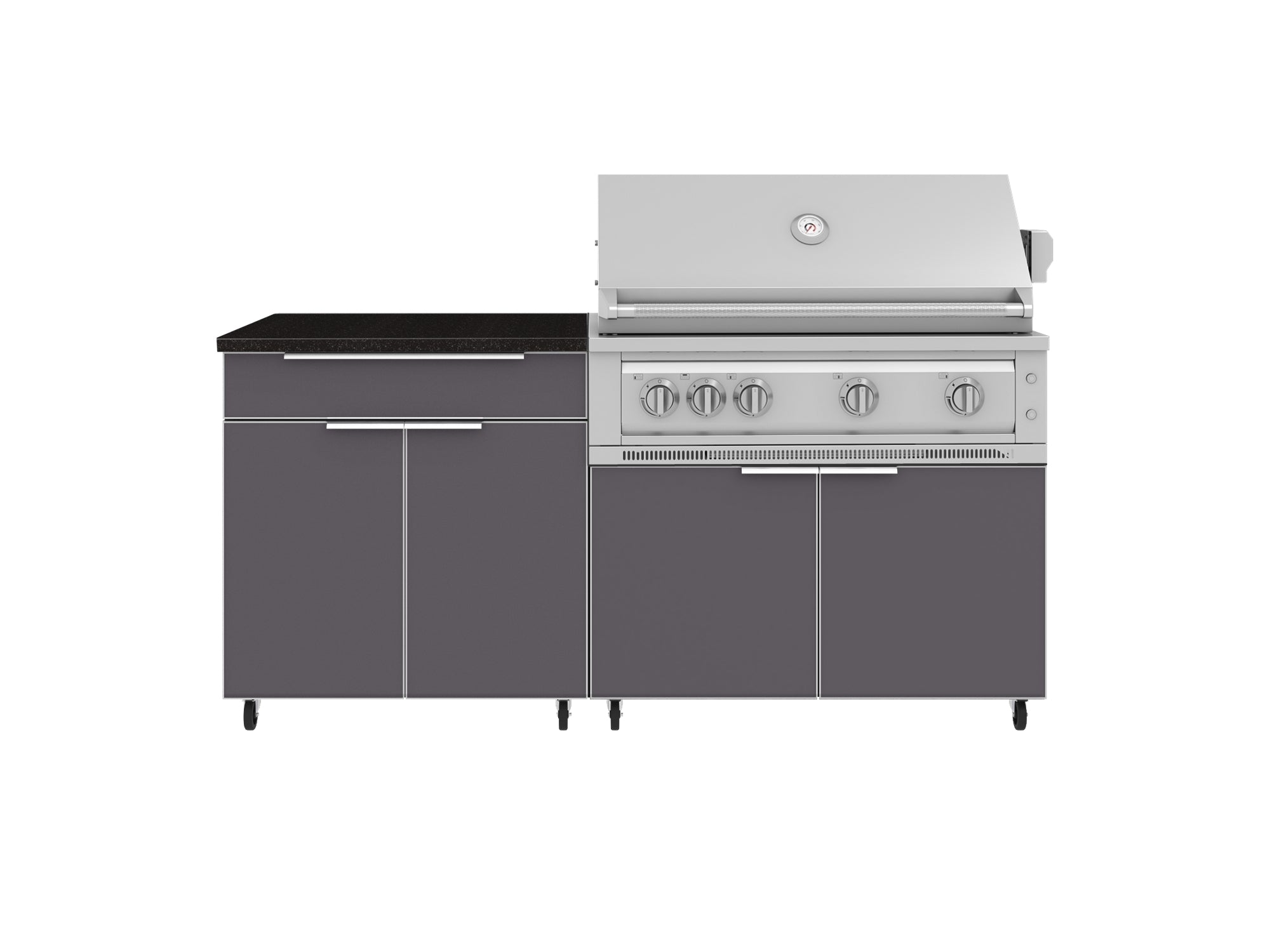 Outdoor Kitchen Aluminum 4 Piece Cabinet Set with Casters and Bar, Grill Cabinet, Platinum Grill, and Countertop