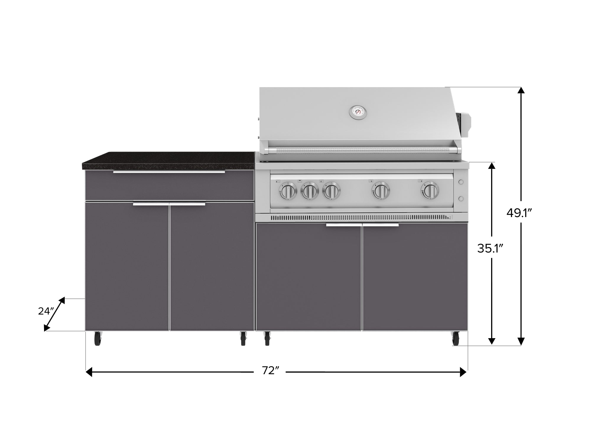 Outdoor Kitchen Aluminum 4 Piece Cabinet Set with Casters and Bar, Grill Cabinet, Platinum Grill, and Countertop