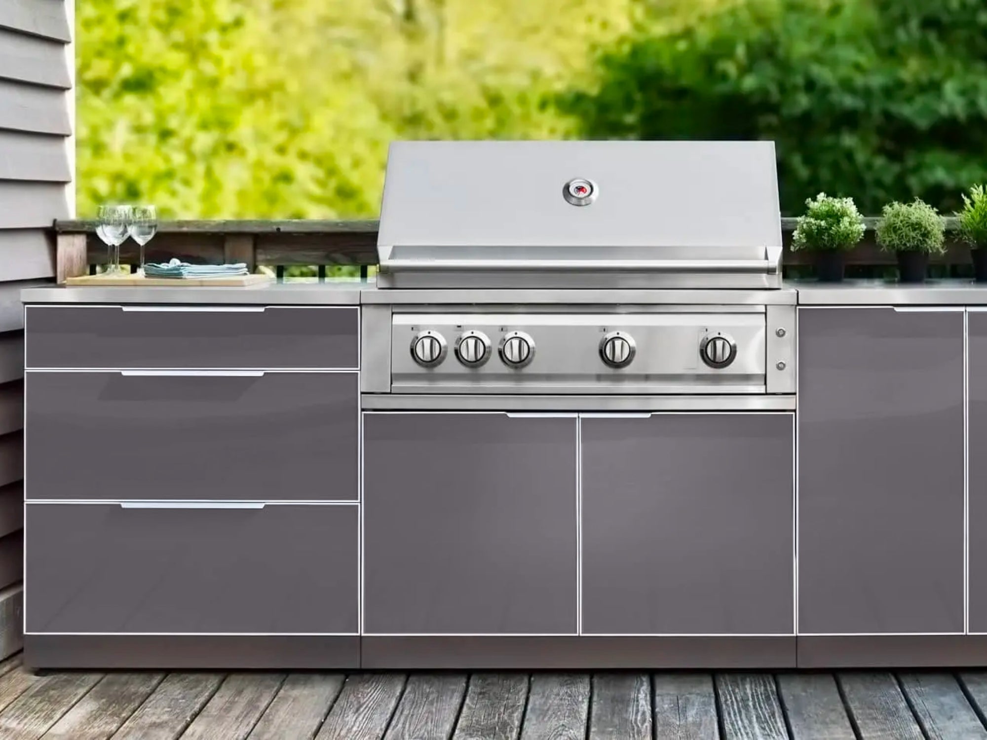 Outdoor Kitchen Aluminum 4 Piece Cabinet Set with Casters and Bar, Grill Cabinet, Platinum Grill, and Countertop