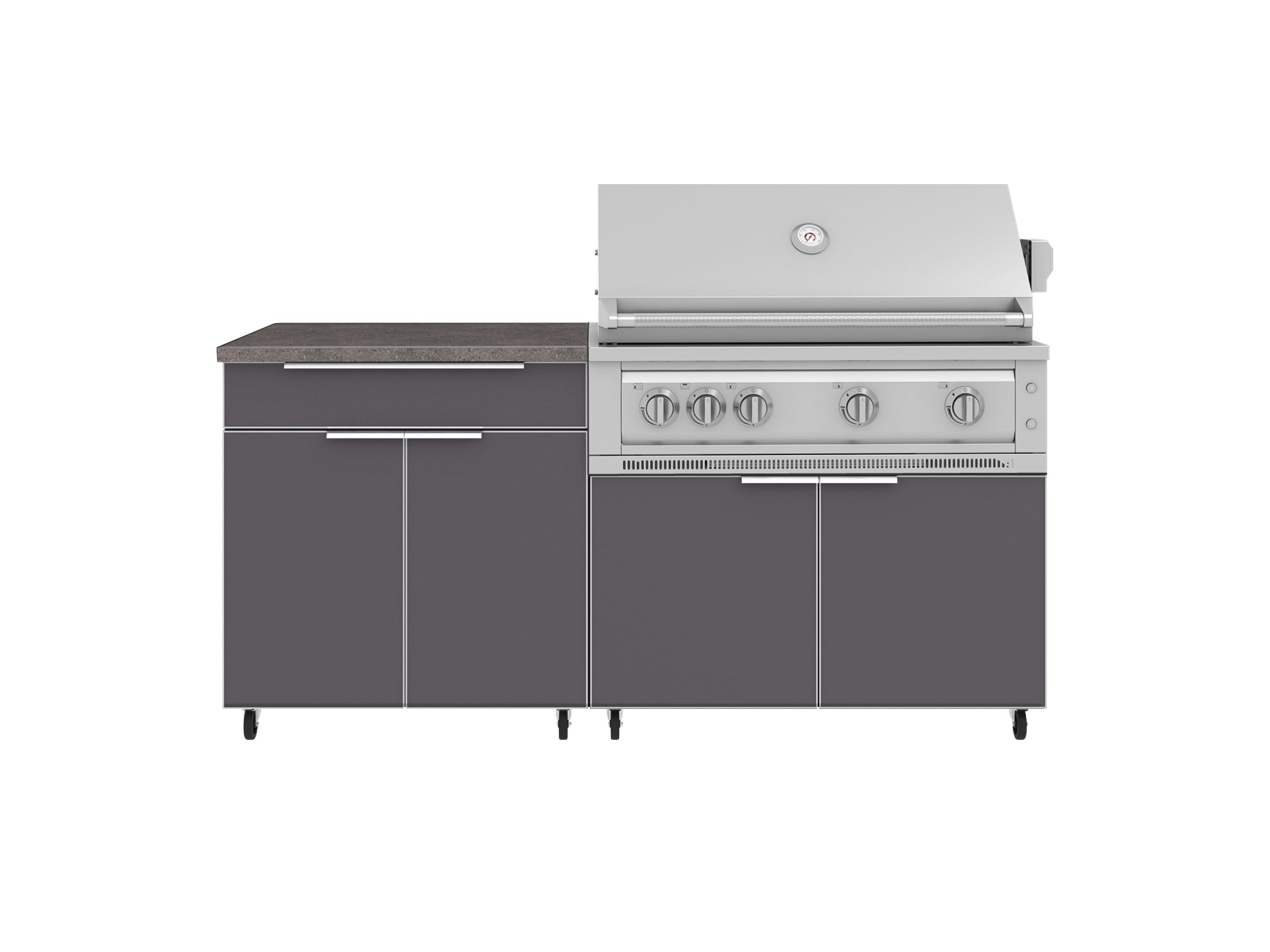 Outdoor Kitchen Aluminum 4 Piece Cabinet Set with Casters and Bar, Grill Cabinet, Platinum Grill, and Countertop