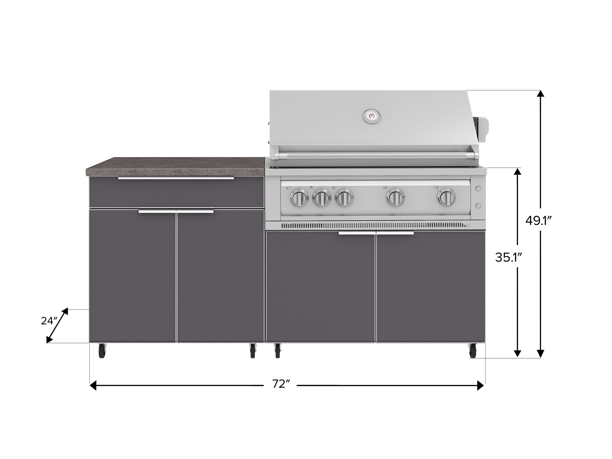 Outdoor Kitchen Aluminum 4 Piece Cabinet Set with Casters and Bar, Grill Cabinet, Platinum Grill, and Countertop