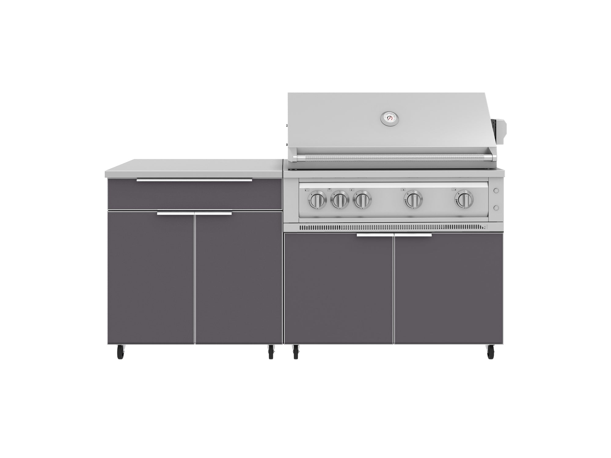Outdoor Kitchen Aluminum 4 Piece Cabinet Set with Casters and Bar, Grill Cabinet, Platinum Grill, and Countertop