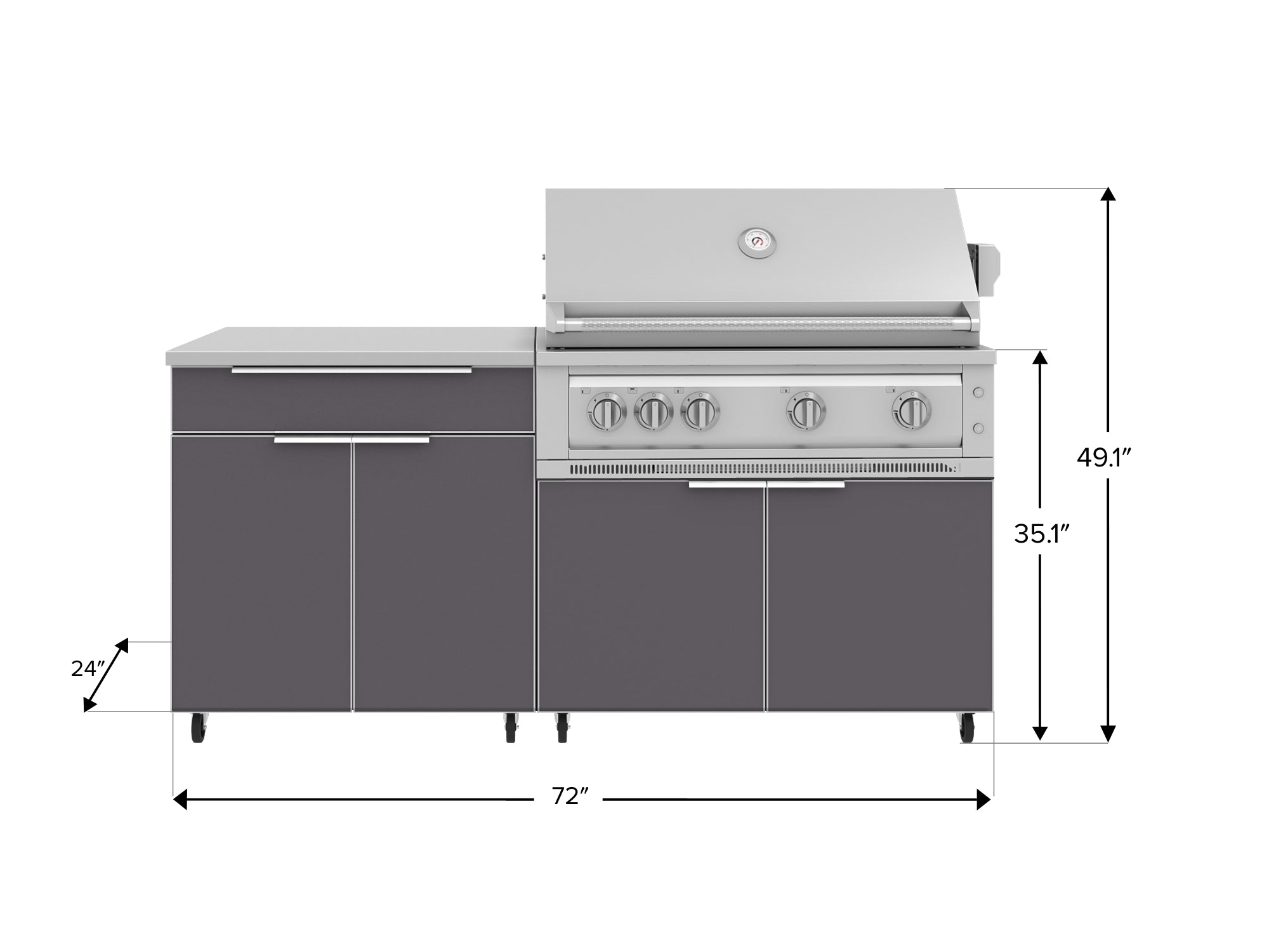 Outdoor Kitchen Aluminum 4 Piece Cabinet Set with Casters and Bar, Grill Cabinet, Platinum Grill, and Countertop