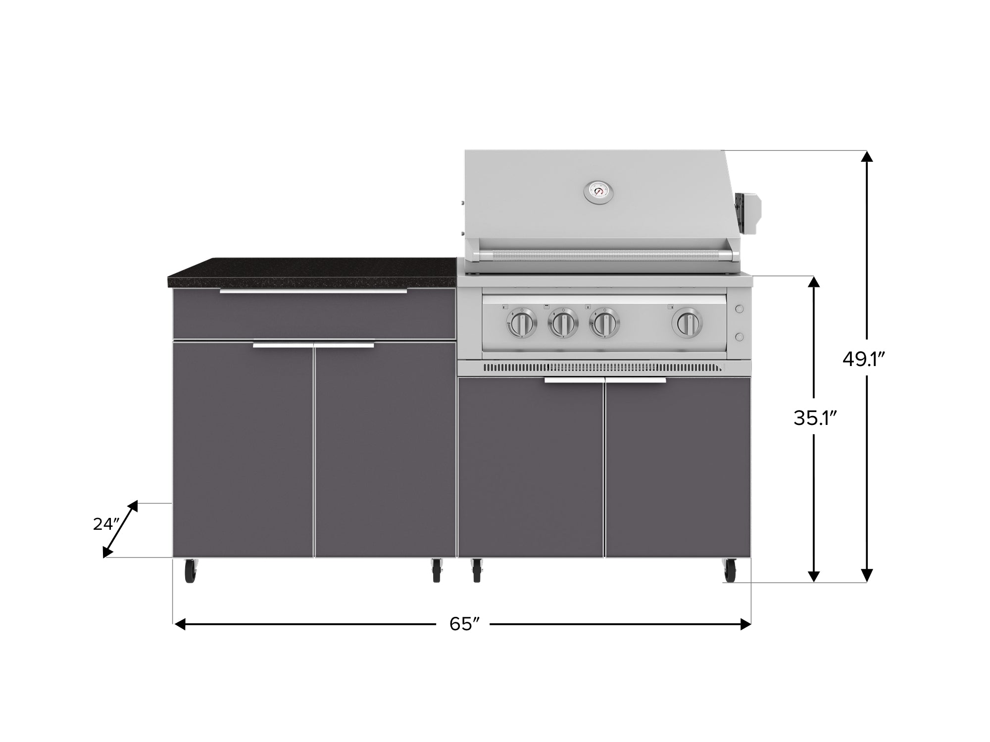 Outdoor Kitchen Aluminum 4 Piece Cabinet Set with Casters and Bar, Grill Cabinet, Platinum Grill, and Countertop
