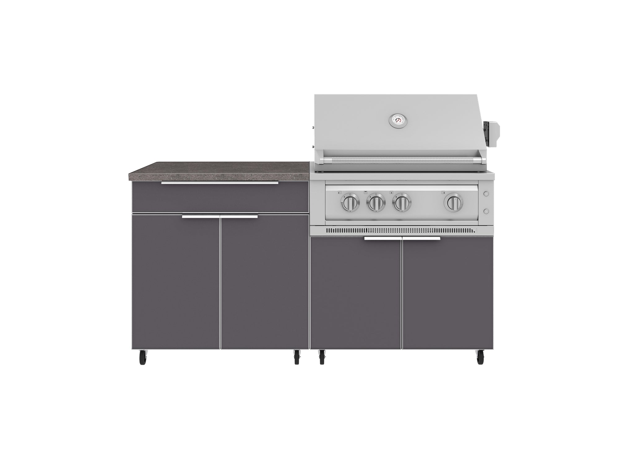Outdoor Kitchen Aluminum 4 Piece Cabinet Set with Casters and Bar, Grill Cabinet, Platinum Grill, and Countertop