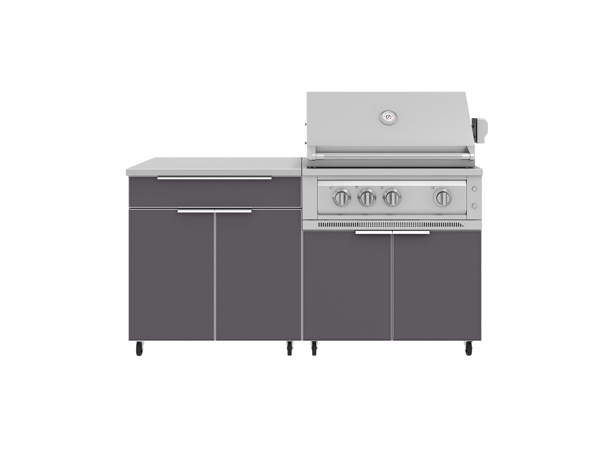 Outdoor Kitchen Aluminum 4 Piece Cabinet Set with Casters and Bar, Grill Cabinet, Platinum Grill, and Countertop