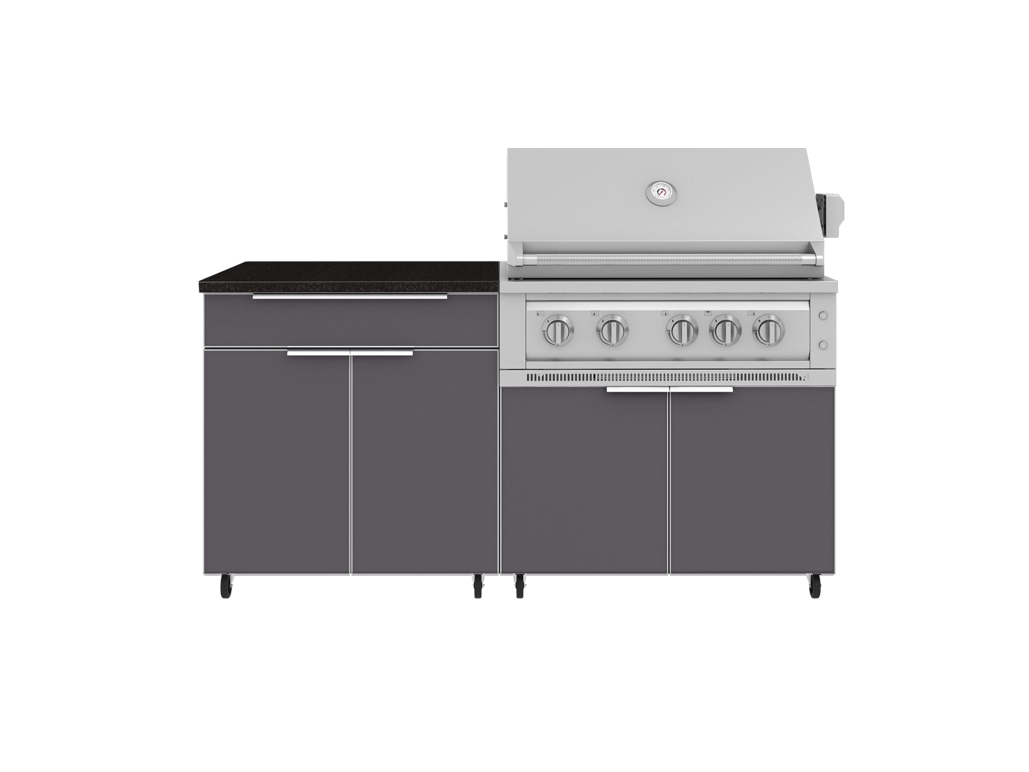 Outdoor Kitchen Aluminum 4 Piece Cabinet Set with Casters and Bar, Grill Cabinet, Platinum Grill, and Countertop
