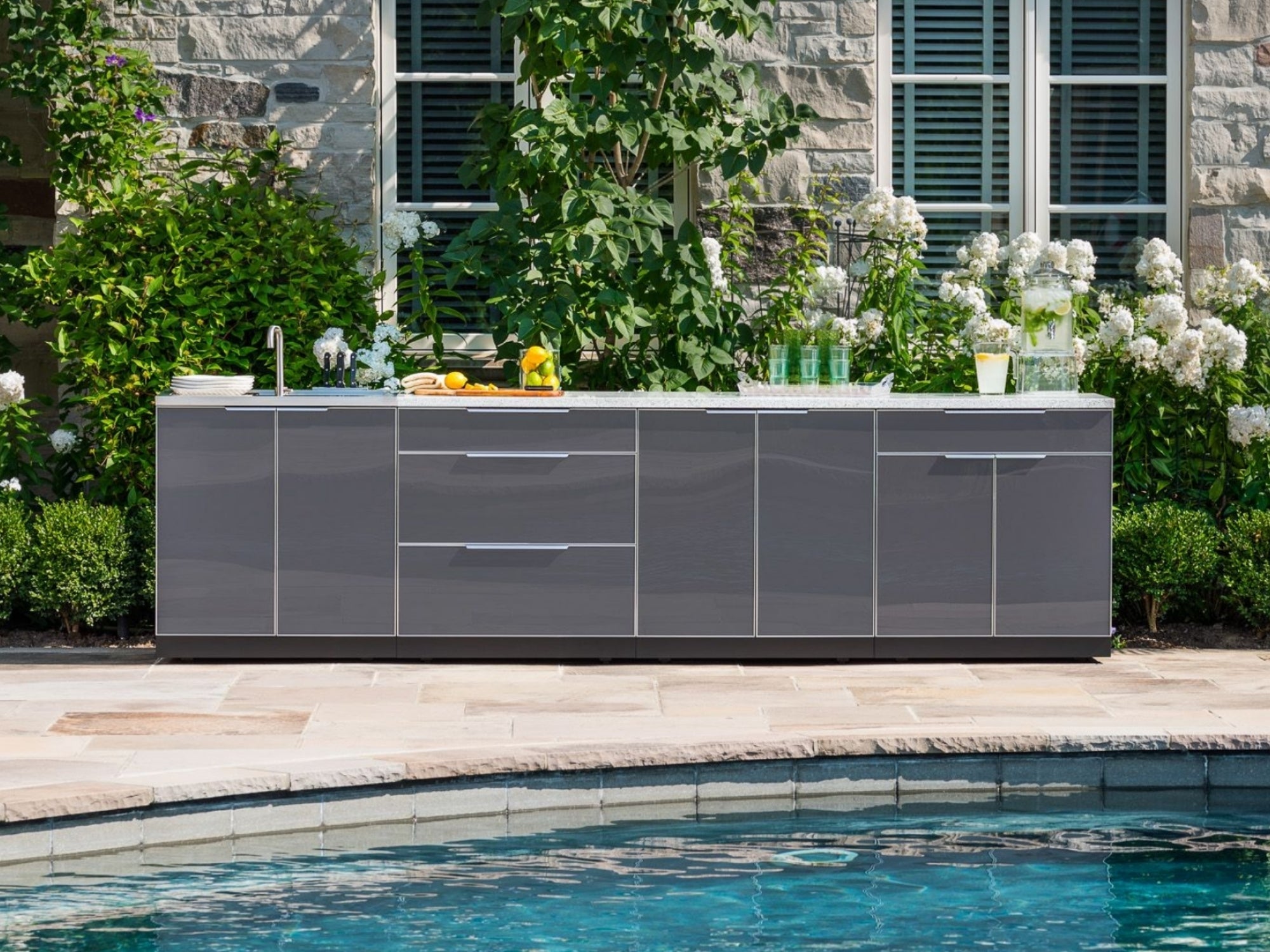 Outdoor Kitchen Aluminum 4 Piece Cabinet Set with Casters and Bar, Grill Cabinet, Platinum Grill, and Countertop