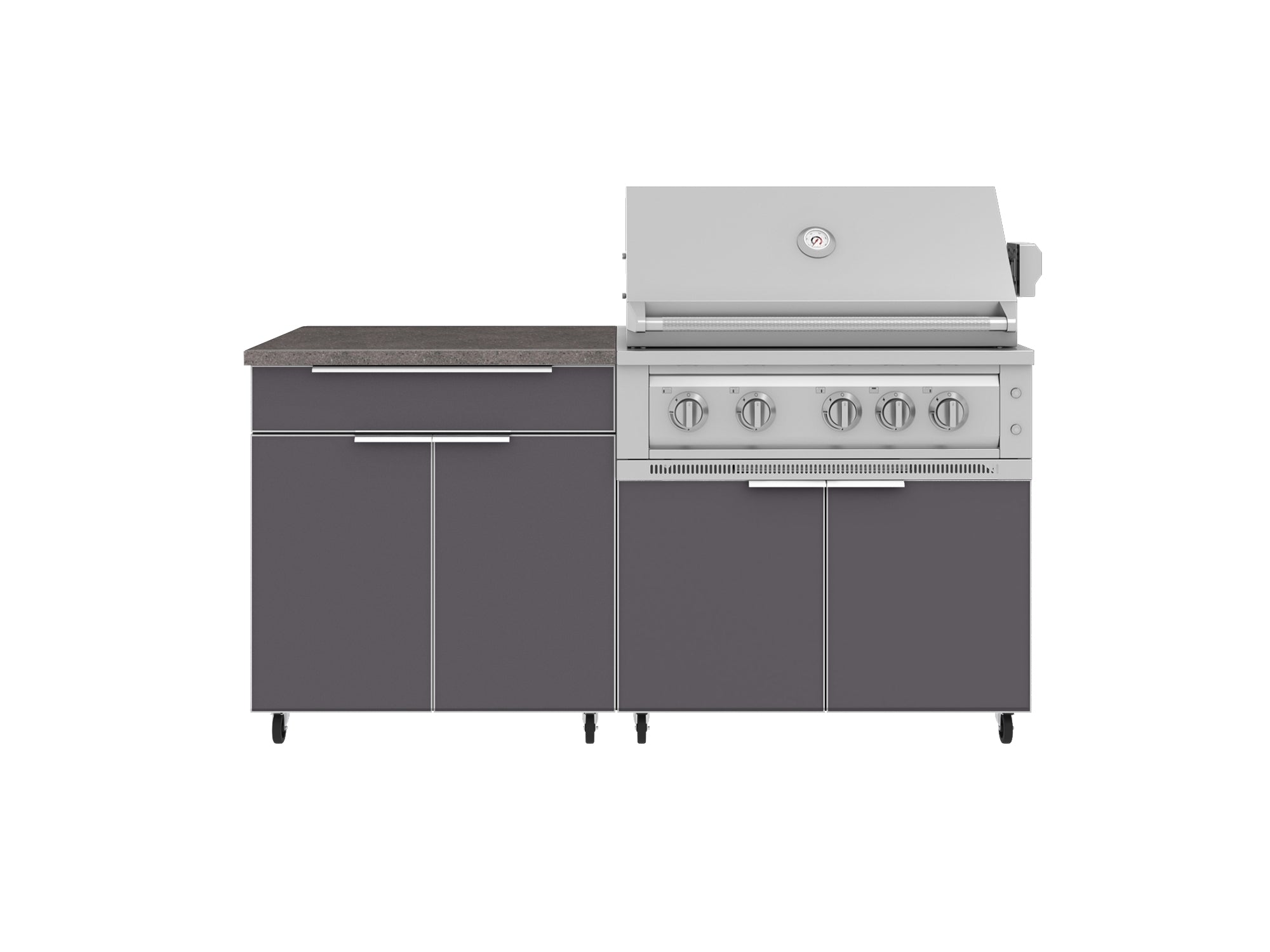 Outdoor Kitchen Aluminum 4 Piece Cabinet Set with Casters and Bar, Grill Cabinet, Platinum Grill, and Countertop