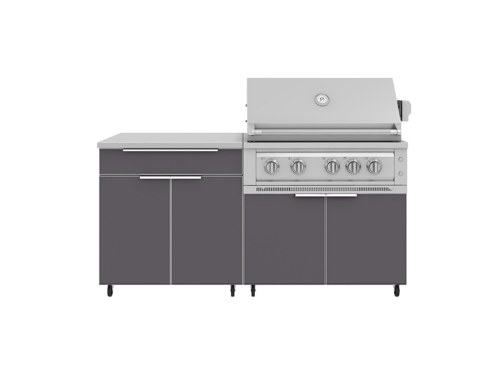 Outdoor Kitchen Aluminum 4 Piece Cabinet Set with Casters and Bar, Grill Cabinet, Platinum Grill, and Countertop