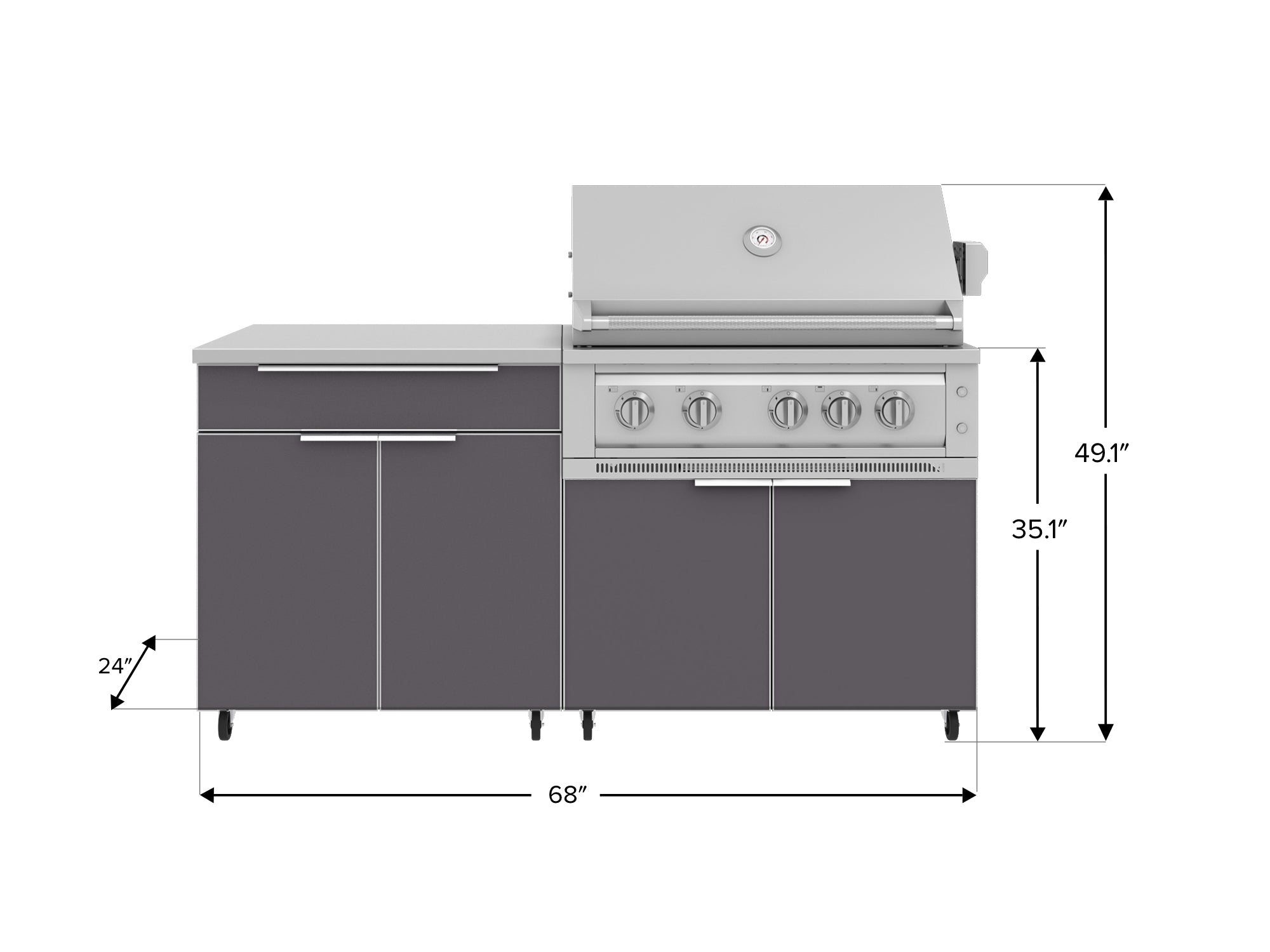 Outdoor Kitchen Aluminum 4 Piece Cabinet Set with Casters and Bar, Grill Cabinet, Platinum Grill, and Countertop