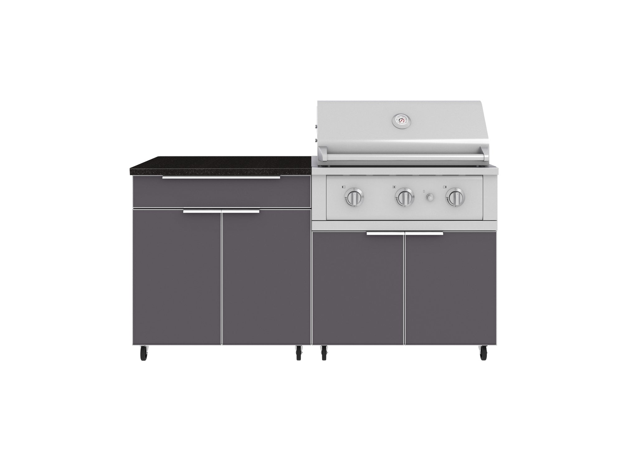 Outdoor Kitchen Aluminum 4 Piece Cabinet Set with Casters and Bar, Grill Cabinet, Performance Grill, and Countertop