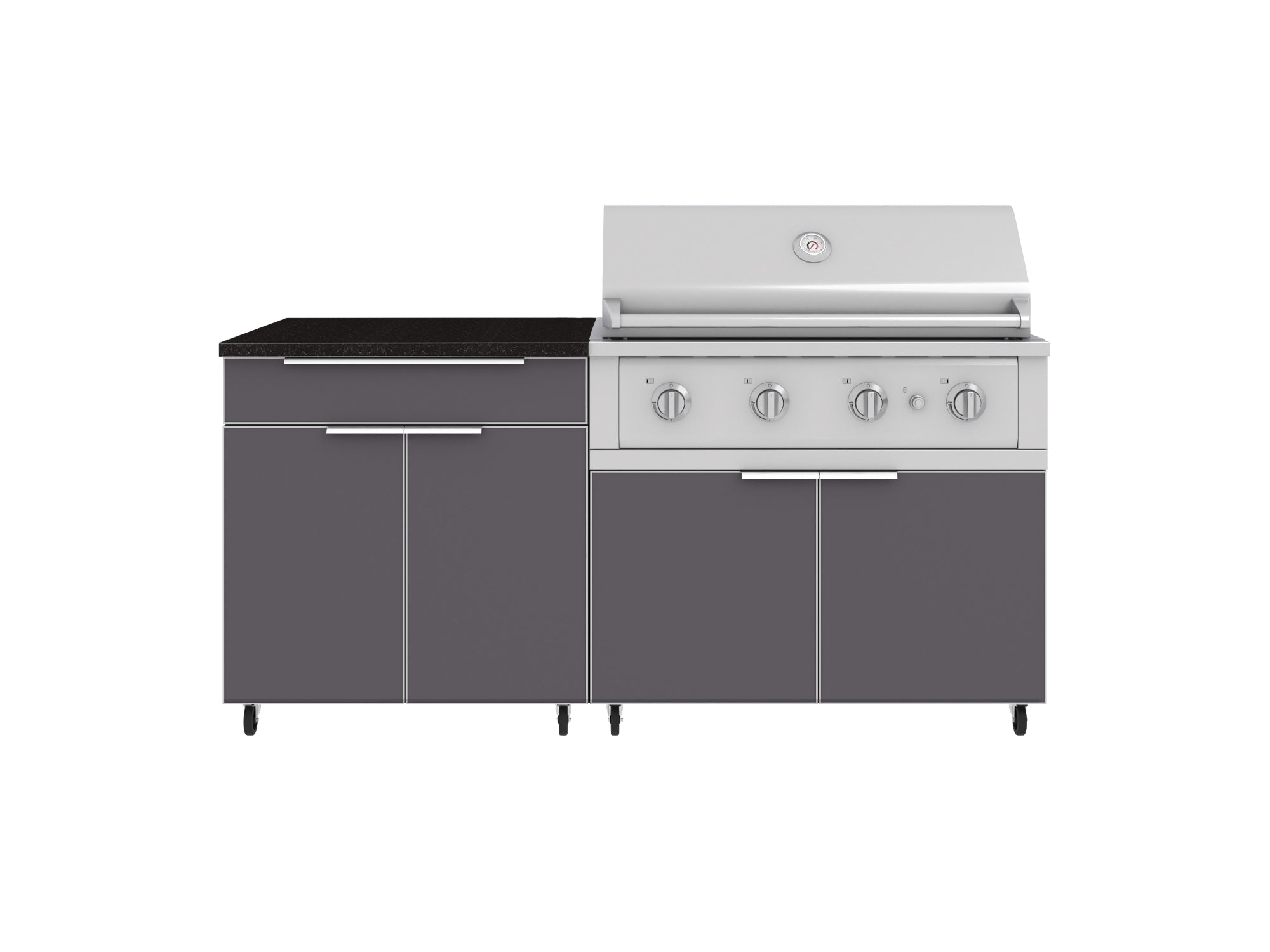 Outdoor Kitchen Aluminum 4 Piece Cabinet Set with Casters and Bar, Grill Cabinet, Performance Grill, and Countertop